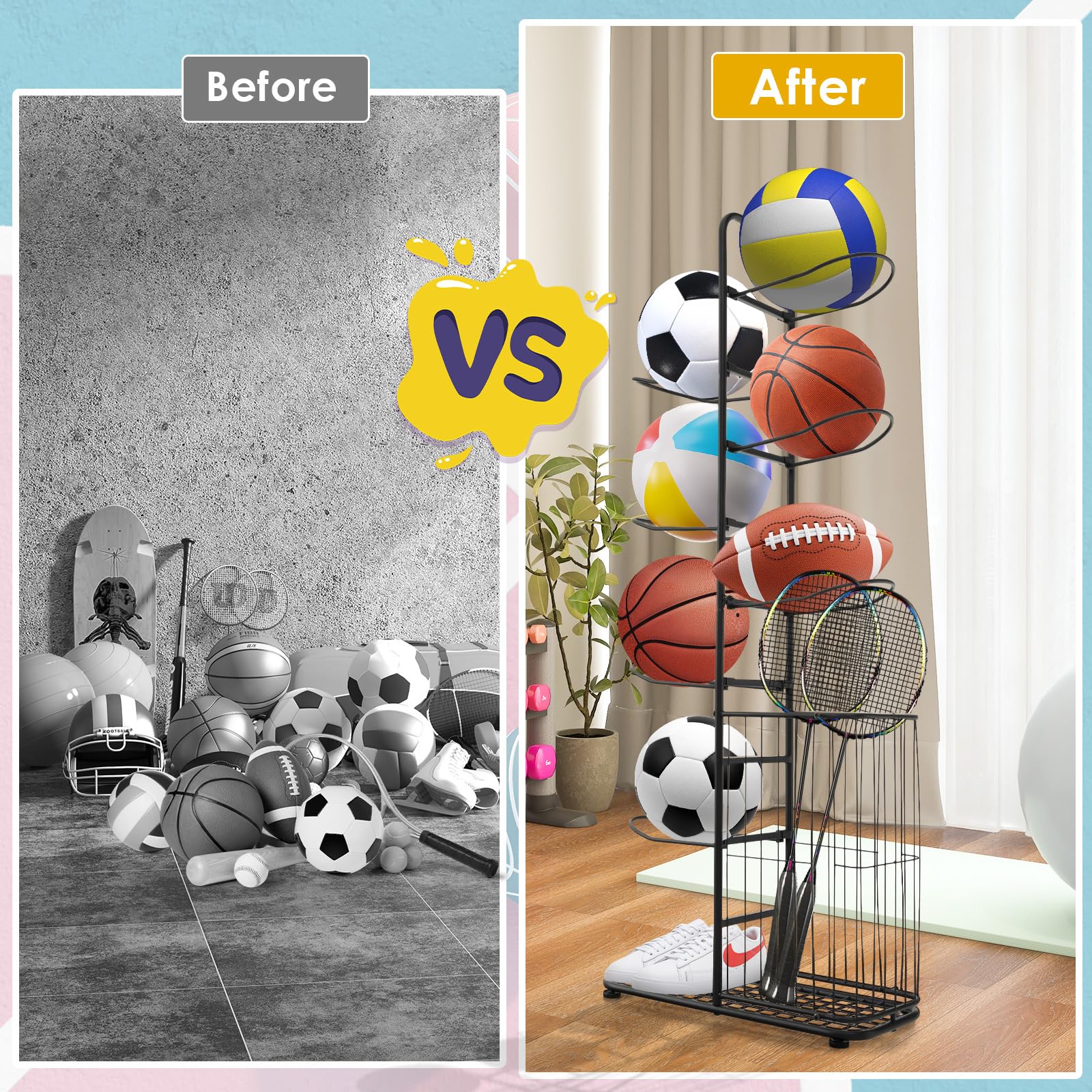 Goplus Garage Sports Equipment Organizer, 7 Ball Storage Rack with Basket, 7-Tier Detachable Stand - Image 4