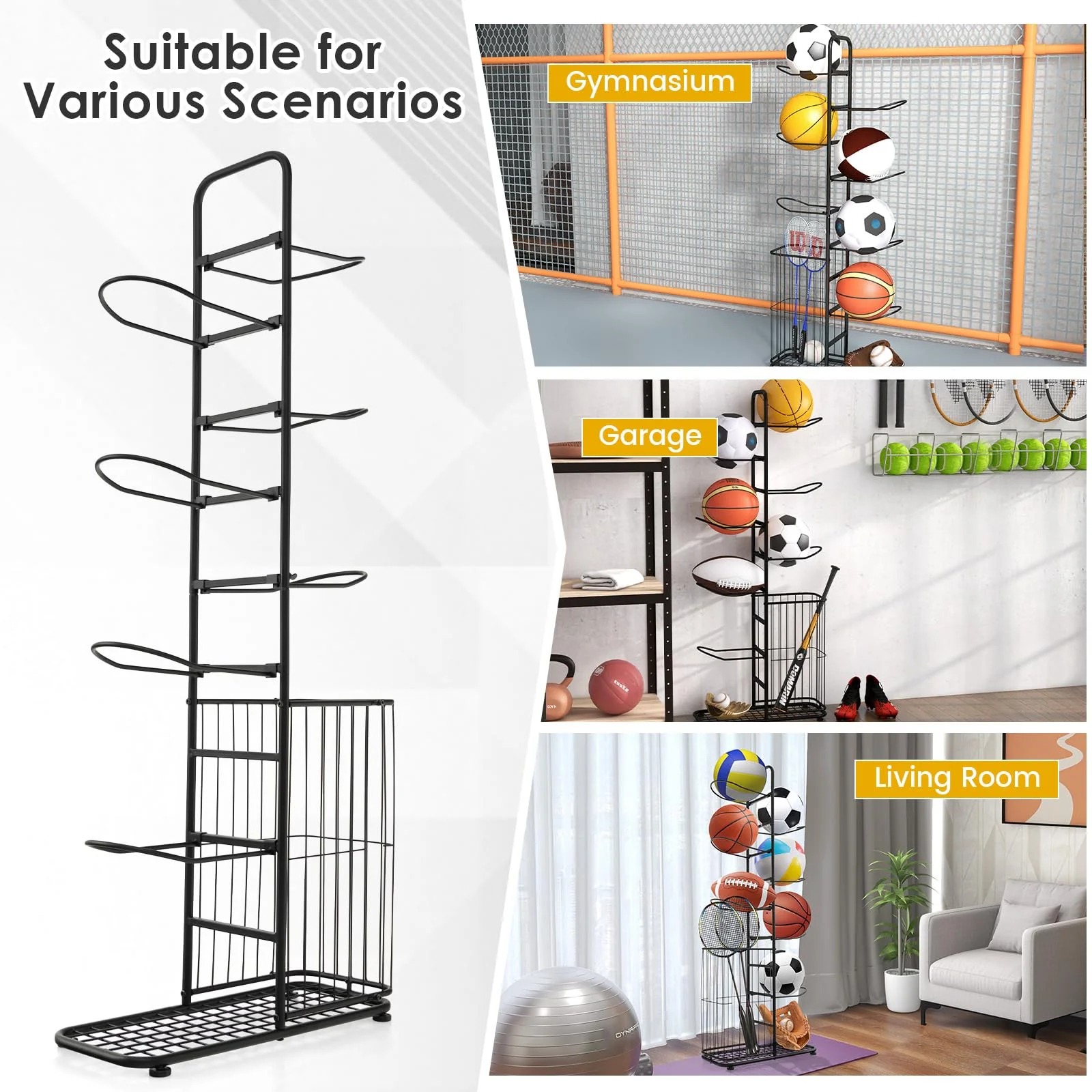 Goplus Garage Sports Equipment Organizer, 7 Ball Storage Rack with Basket, 7-Tier Detachable Stand - Image 5