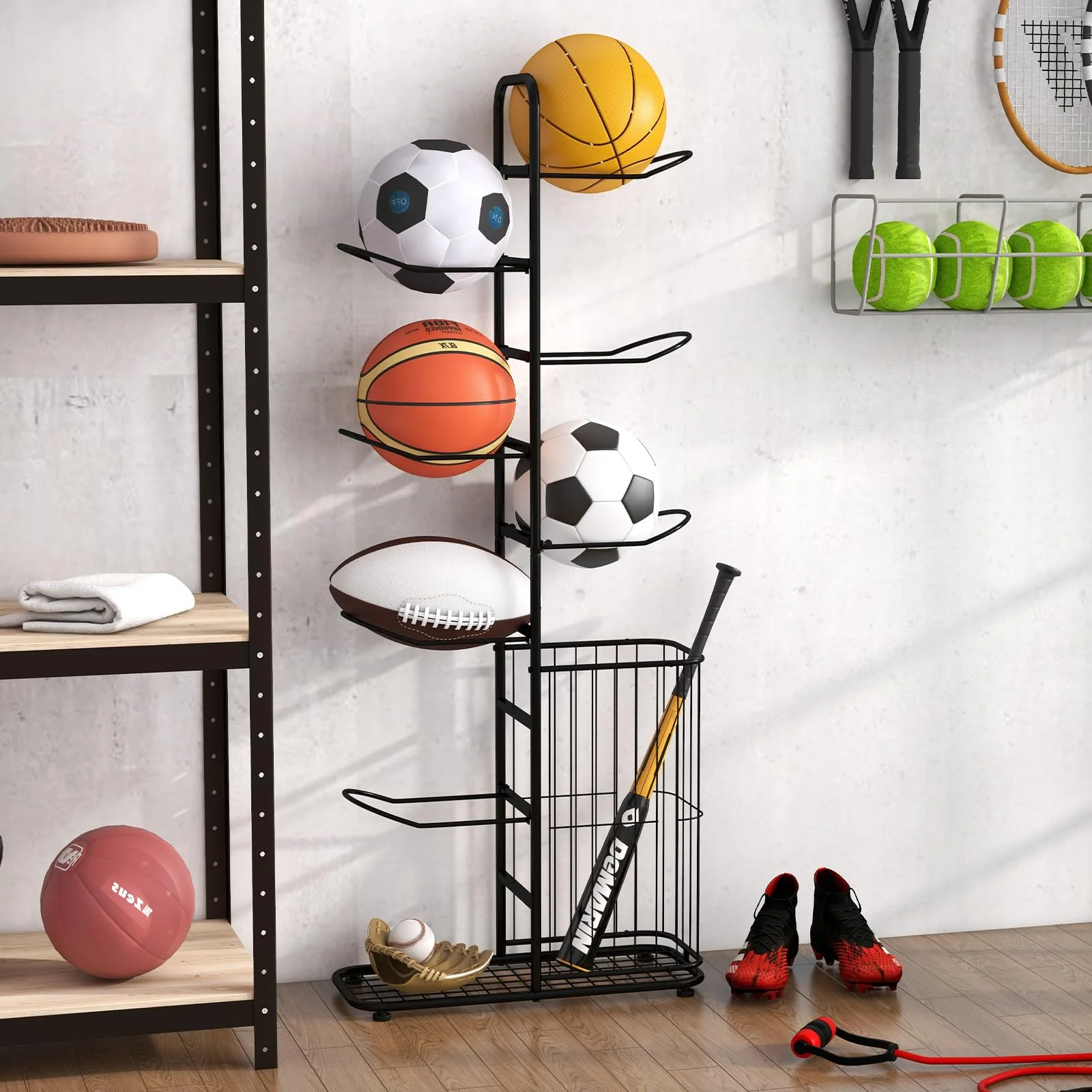 Goplus Garage Sports Equipment Organizer, 7 Ball Storage Rack with Basket, 7-Tier Detachable Stand - Image 6