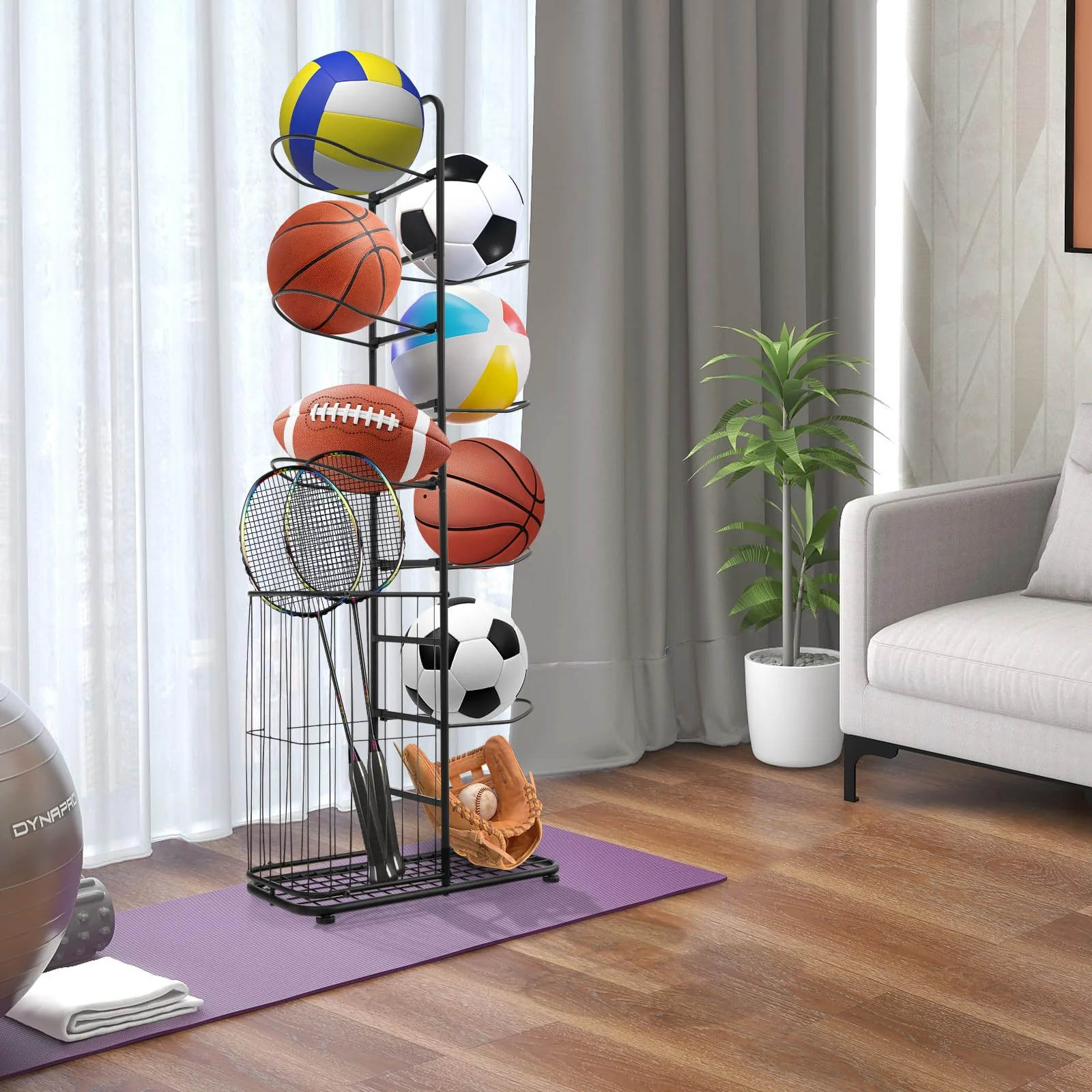 Goplus Garage Sports Equipment Organizer, 7 Ball Storage Rack with Basket, 7-Tier Detachable Stand - Image 8