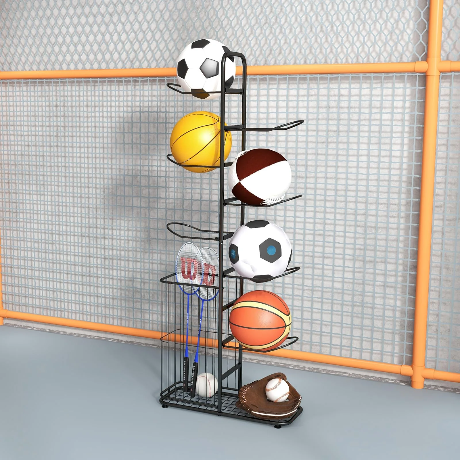 Goplus Garage Sports Equipment Organizer, 7 Ball Storage Rack with Basket, 7-Tier Detachable Stand - Image 9