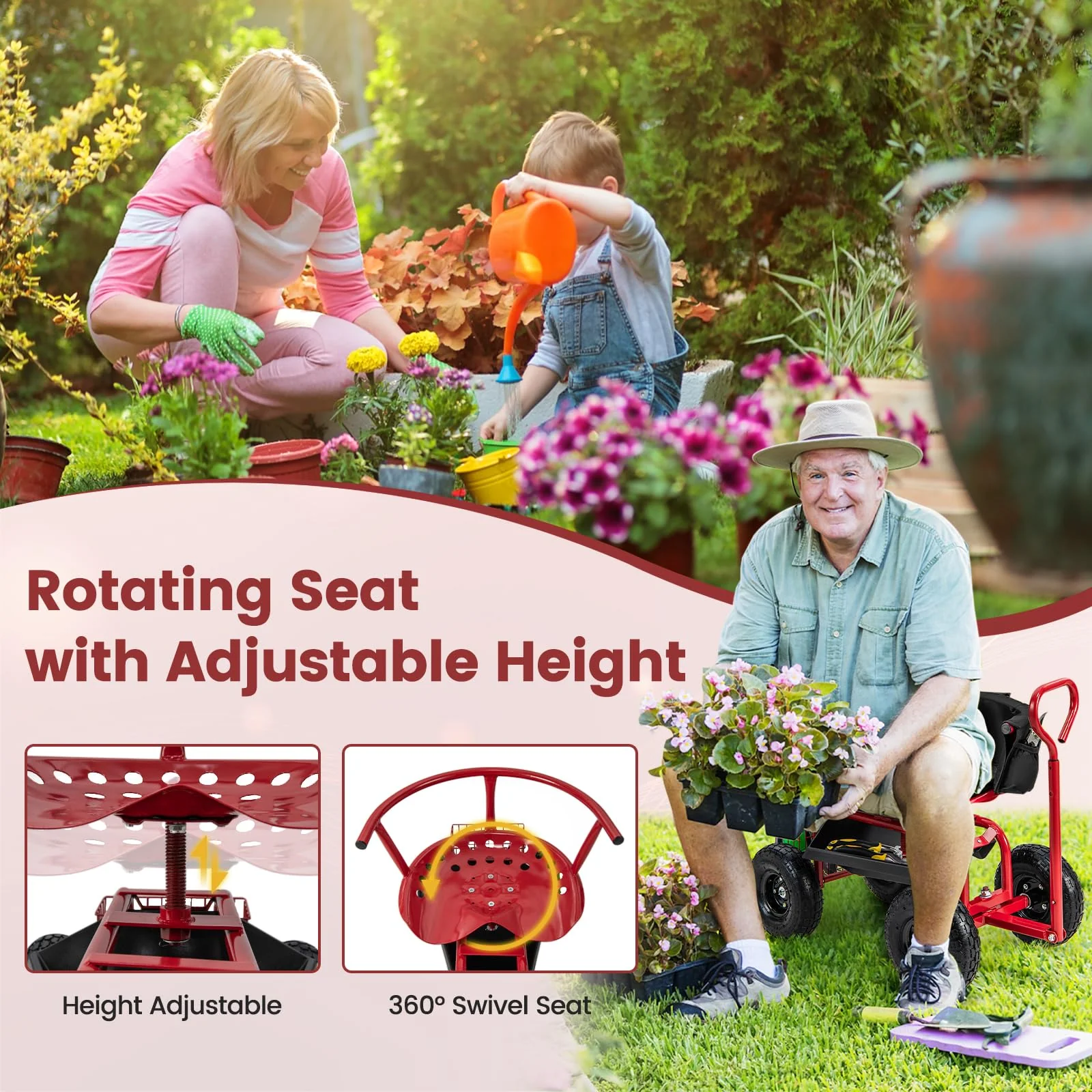 Goplus Garden Cart, Outdoor Rolling Garden Scooter W/Adjustable 360 Degree Swivel Seat - Image 3