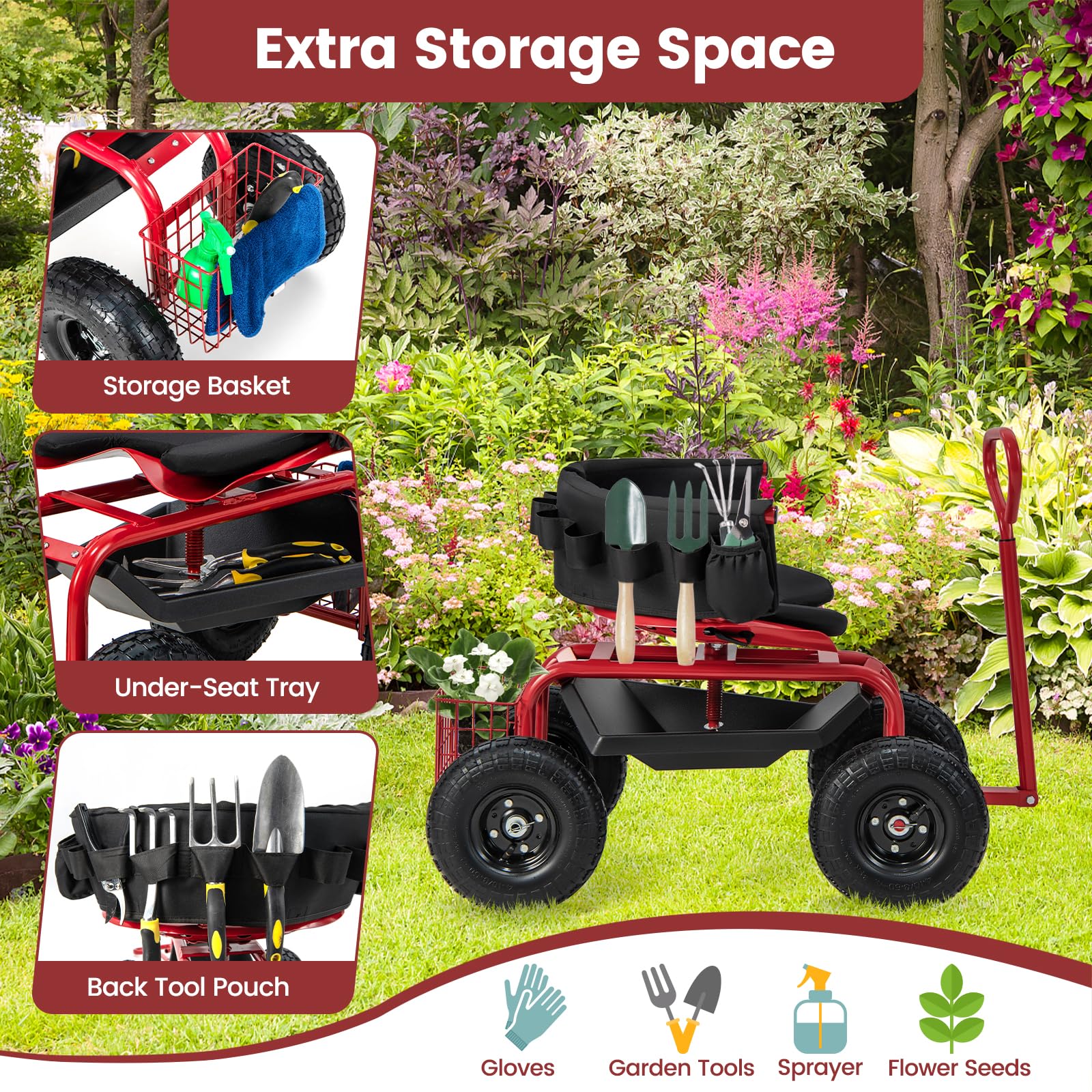 Goplus Garden Cart, Outdoor Rolling Garden Scooter W/Adjustable 360 Degree Swivel Seat - Image 4