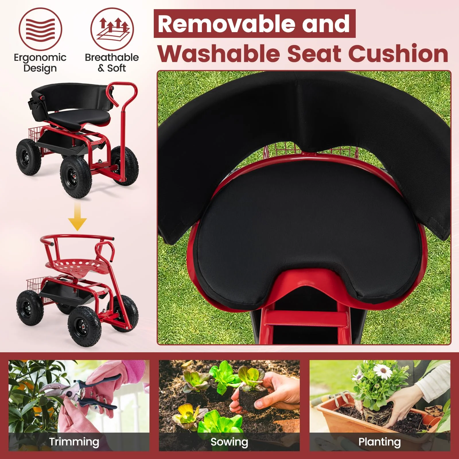 Goplus Garden Cart, Outdoor Rolling Garden Scooter W/Adjustable 360 Degree Swivel Seat - Image 5