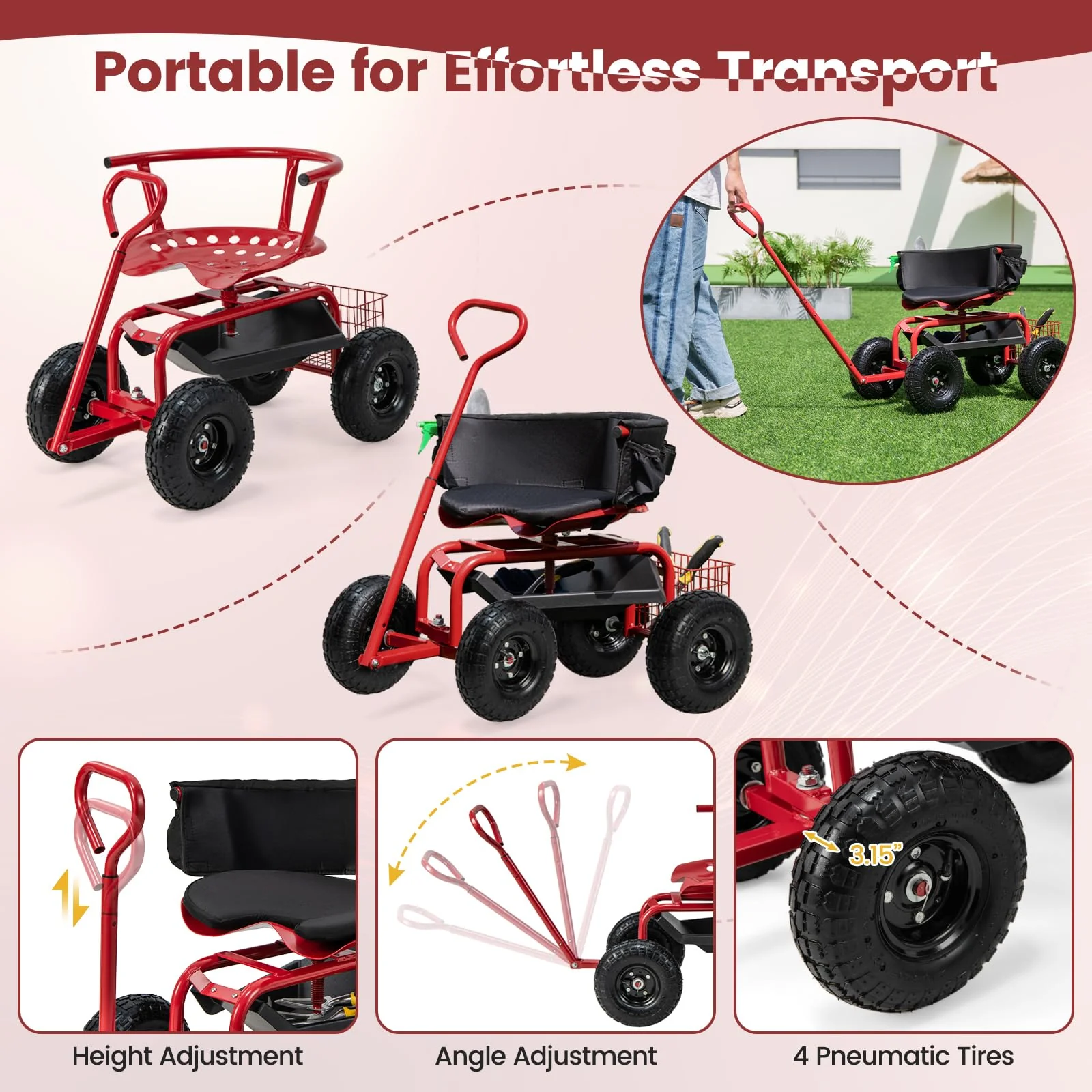 Goplus Garden Cart, Outdoor Rolling Garden Scooter W/Adjustable 360 Degree Swivel Seat - Image 6