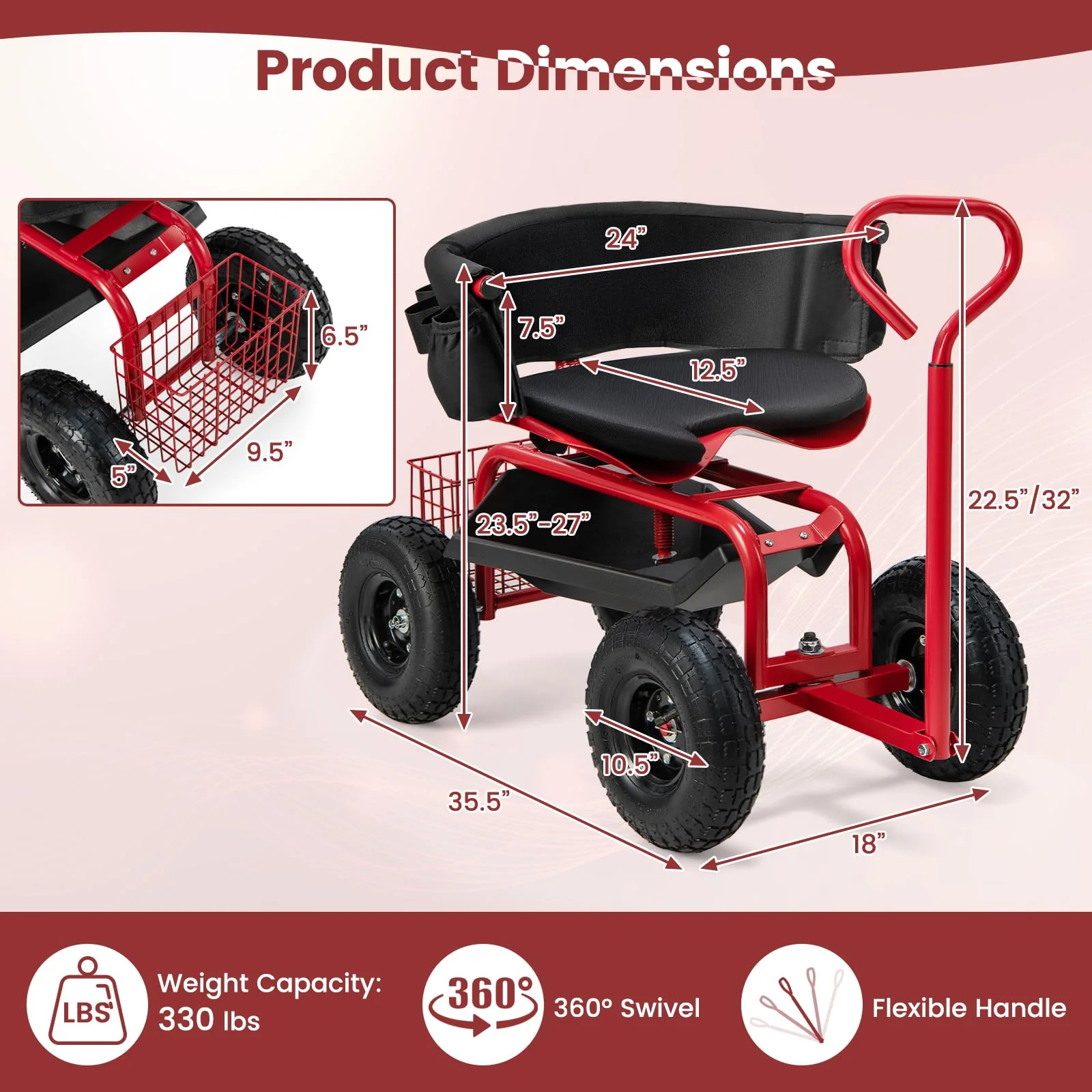 Goplus Garden Cart, Outdoor Rolling Garden Scooter W/Adjustable 360 Degree Swivel Seat - Image 7