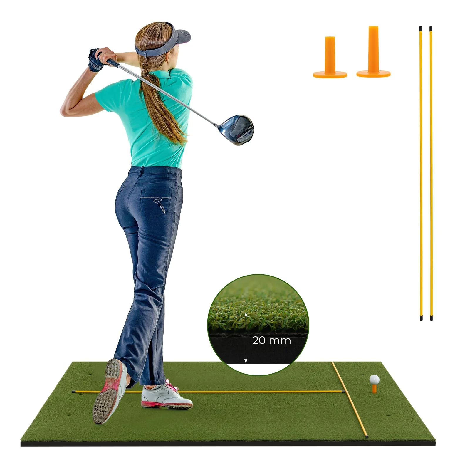 Goplus Golf Mat, 5x3ft/5x4ft Golf Hitting Mat 20/25/27/32mm Thick w/2 Alignment Sticks & 2 Golf Tees - Image 10