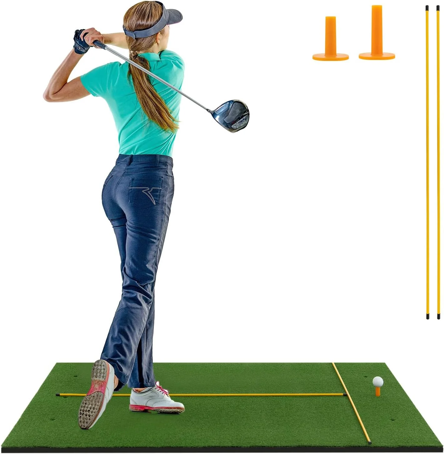 Goplus Golf Mat, 5x3ft/5x4ft Golf Hitting Mat 20/25/27/32mm Thick w/2 Alignment Sticks & 2 Golf Tees - Image 11