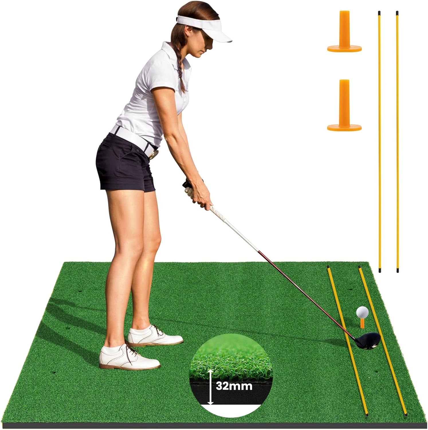 Goplus Golf Mat, 5x3ft/5x4ft Golf Hitting Mat 20/25/27/32mm Thick w/2 Alignment Sticks & 2 Golf Tees - Image 13