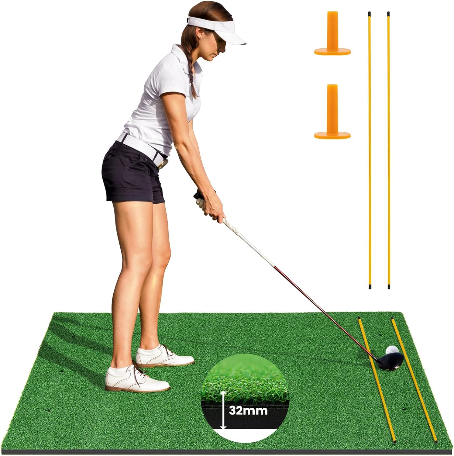 Goplus Golf Mat, 5x3ft/5x4ft Golf Hitting Mat 20/25/27/32mm Thick w/2 Alignment Sticks & 2 Golf Tees - Image 14