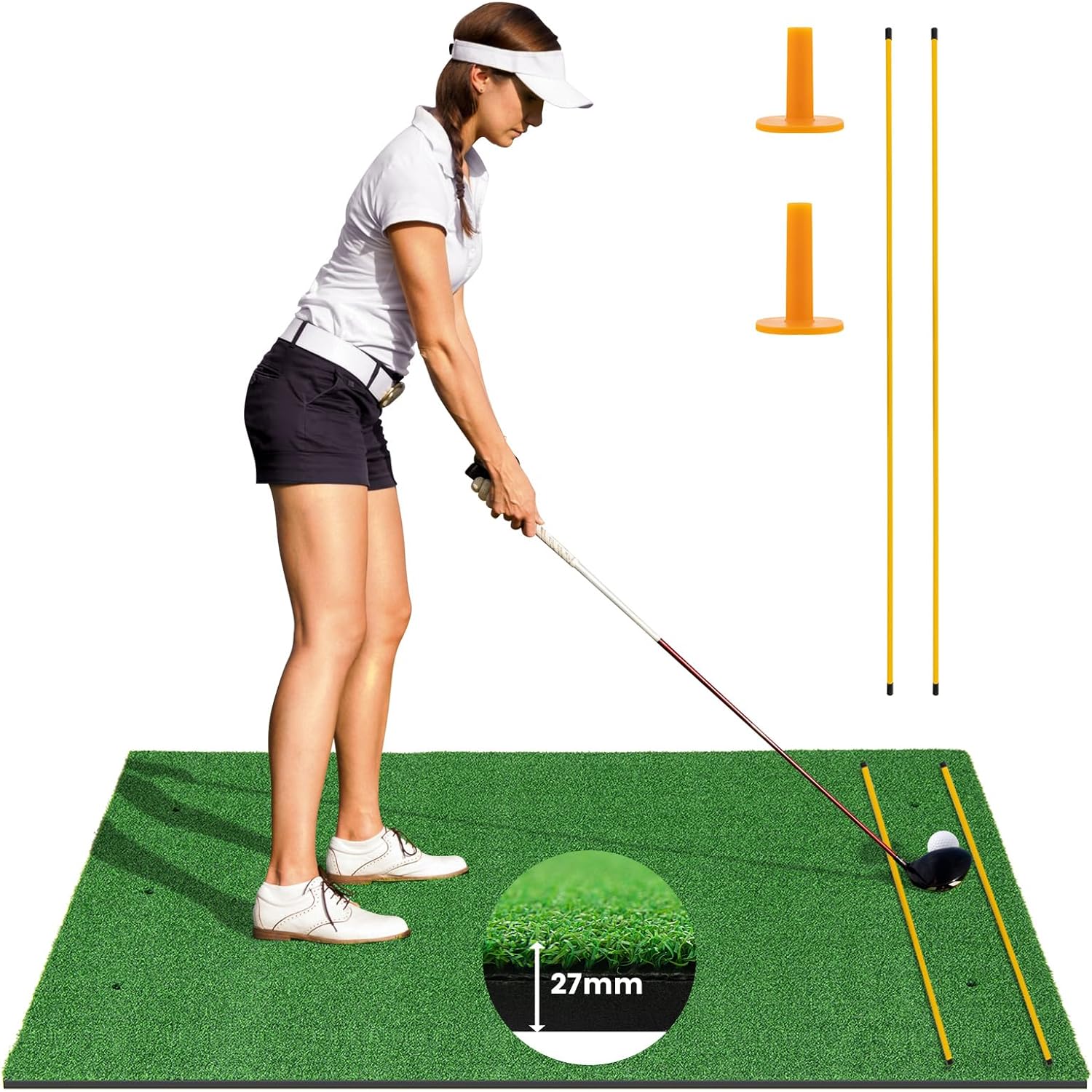 Goplus Golf Mat, 5x3ft/5x4ft Golf Hitting Mat 20/25/27/32mm Thick w/2 Alignment Sticks & 2 Golf Tees - Image 15