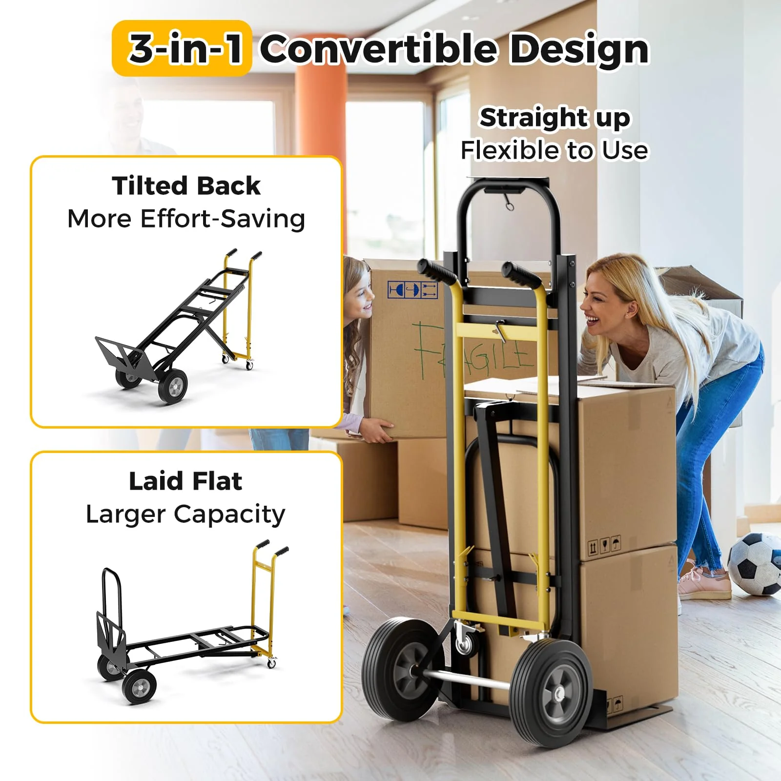 Goplus Hand Truck, 3-in-1 Convertible Metal Dolly Cart with 4 Rubber Wheels, 1000 lbs Max Load Capacity - Image 2