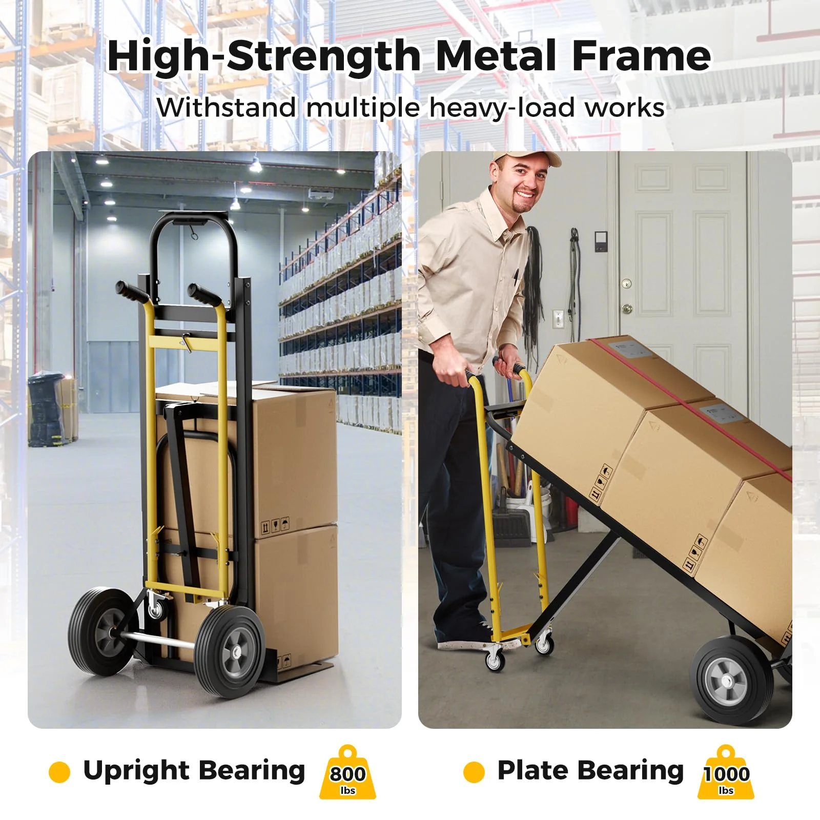 Goplus Hand Truck, 3-in-1 Convertible Metal Dolly Cart with 4 Rubber Wheels, 1000 lbs Max Load Capacity - Image 3