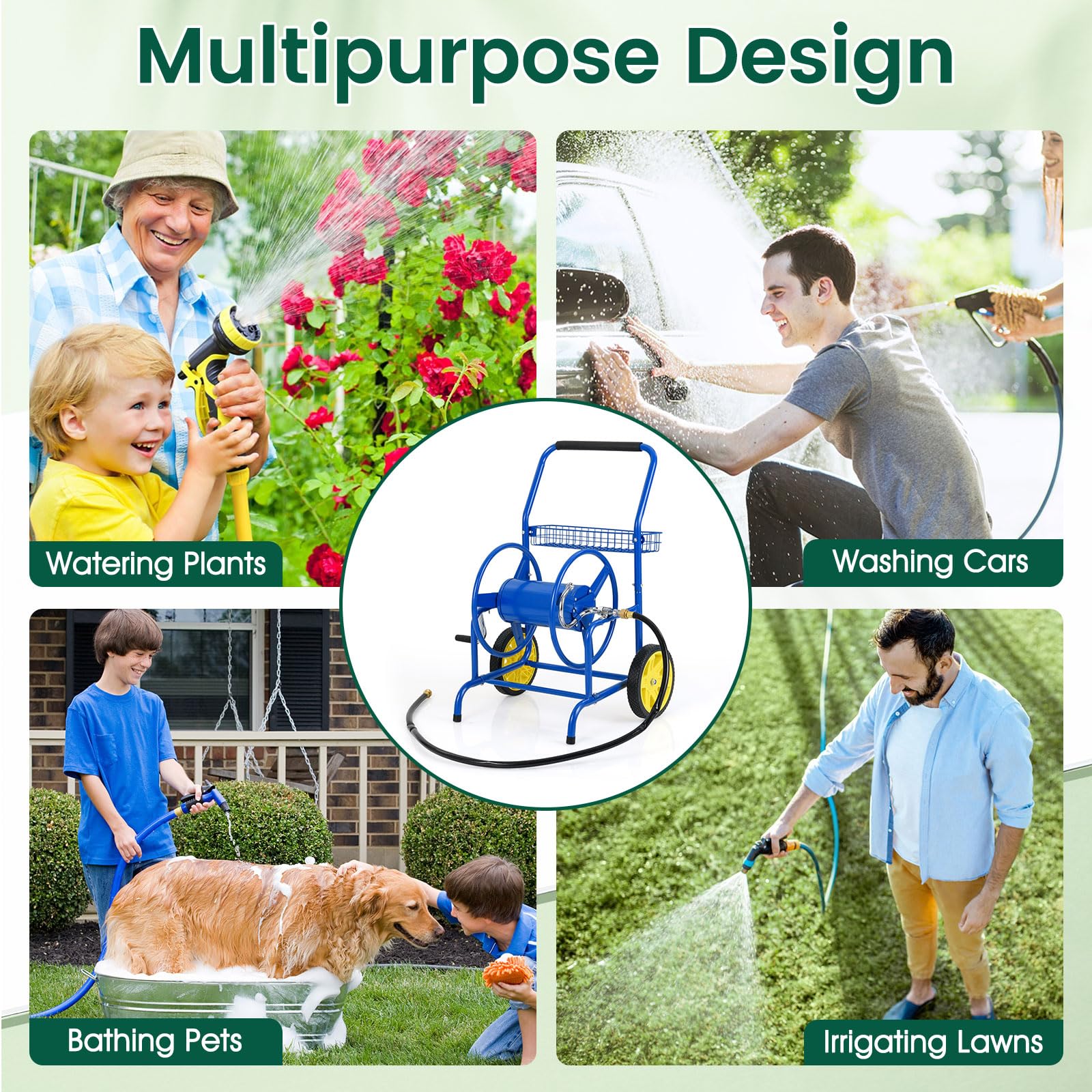 Goplus Heavy-Duty Metal Hose Cart w/2 Wheels & Storage Basket | 230 FT of 5/8" Large Capacity - Image 6