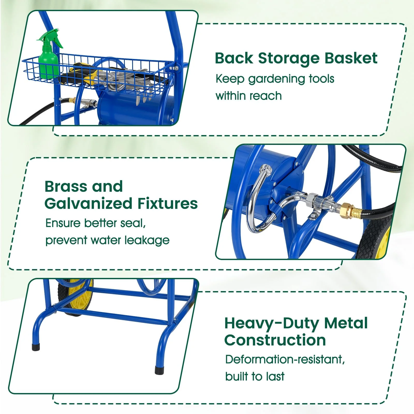 Goplus Heavy-Duty Metal Hose Cart w/2 Wheels & Storage Basket | 230 FT of 5/8" Large Capacity - Image 7