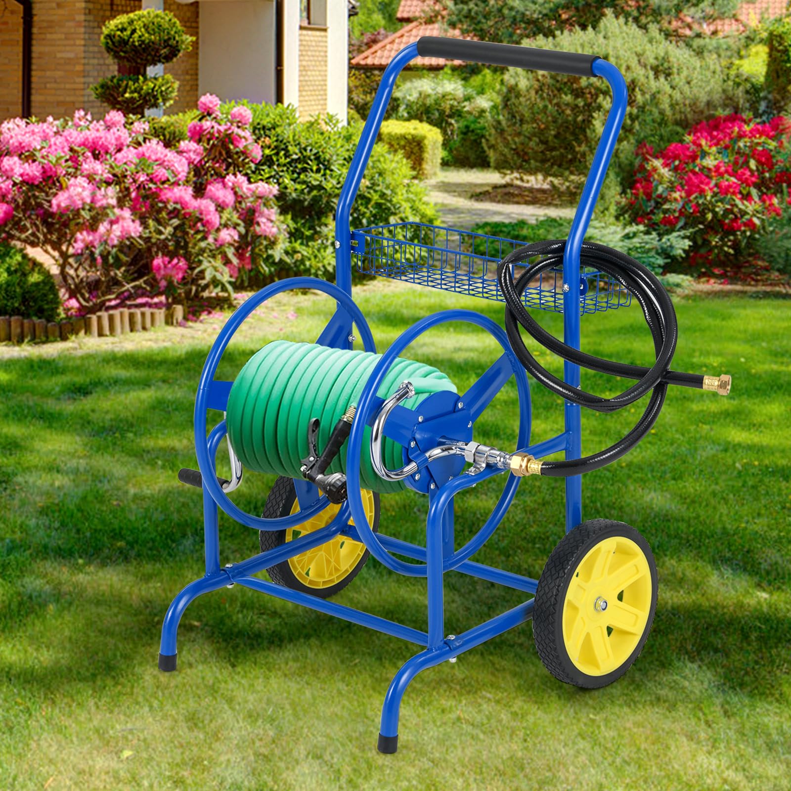 Goplus Heavy-Duty Metal Hose Cart w/2 Wheels & Storage Basket | 230 FT of 5/8" Large Capacity - Image 9