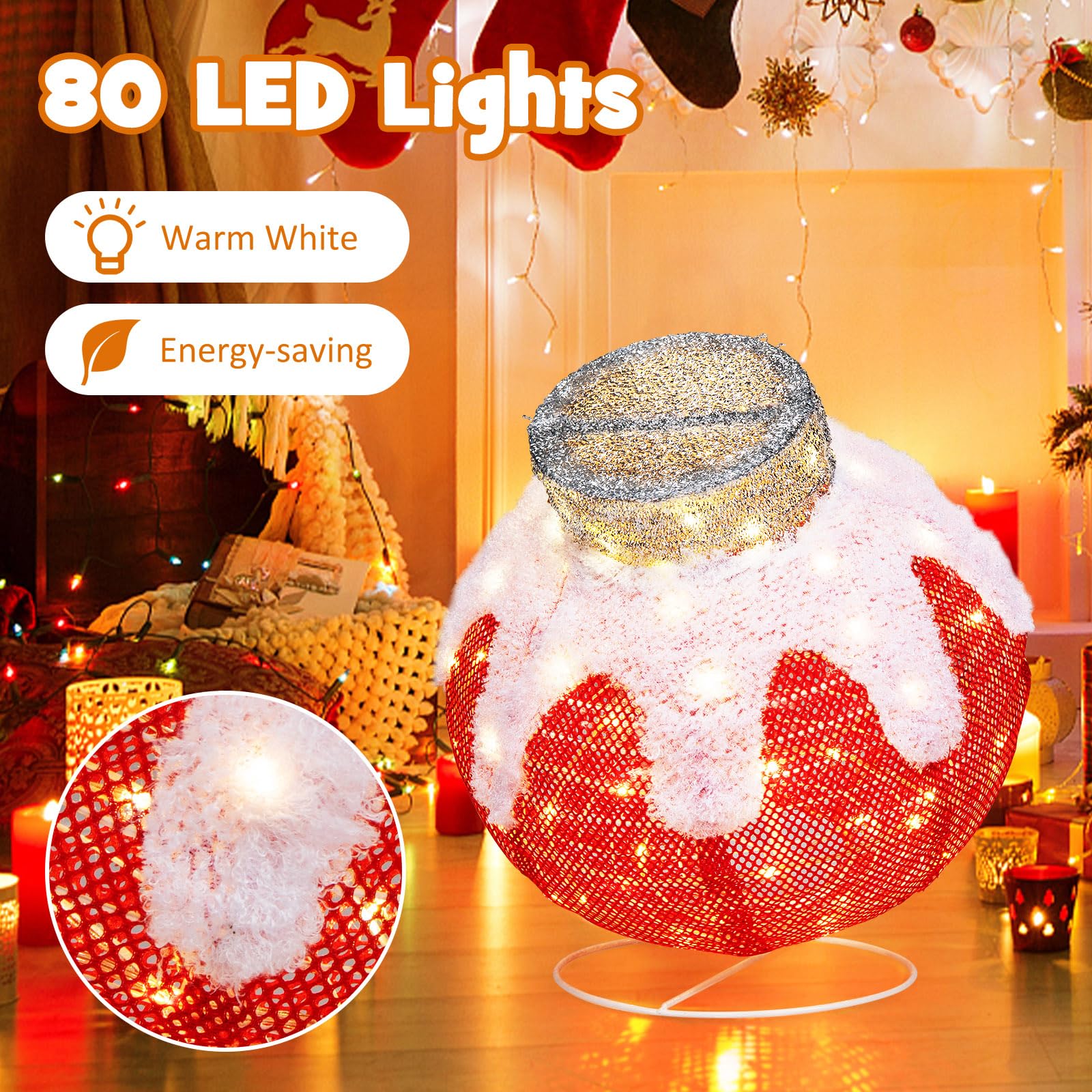 Goplus Indoor Outdoor Christmas Decoration, Pop-Up Christmas Ball Ornament with 80 LED Lights and Timer, - Image 3
