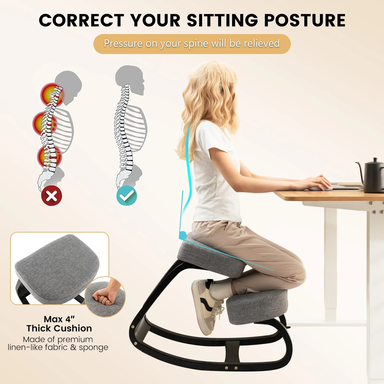 Goplus Kneeling Chair, Ergonomic Posture Chair with 4” Thick Padded Cushion - Image 6