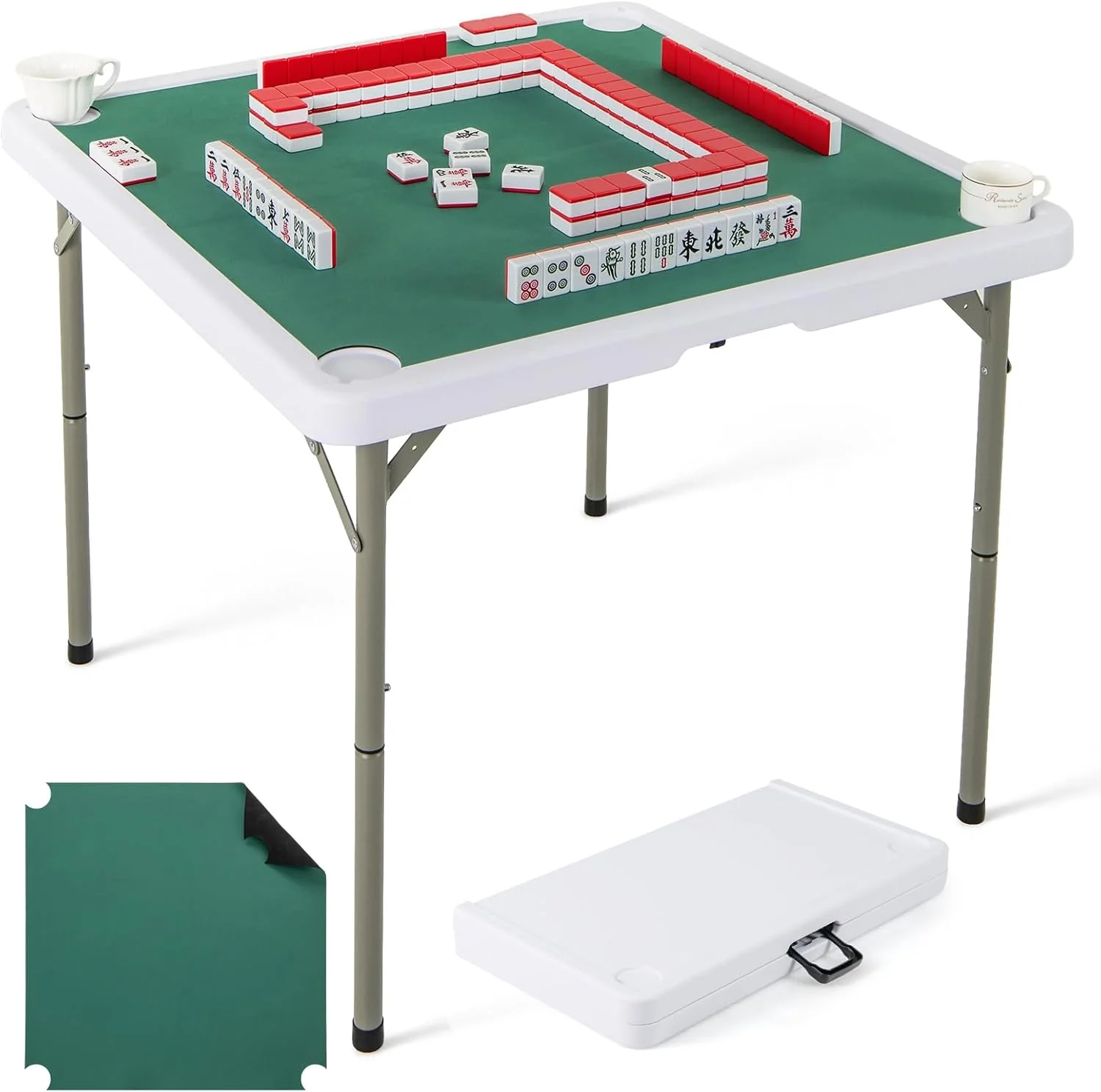 Goplus Mahjong Table, 35" Square Folding Card Table w/4Cup Holders, Anti Slip Mat, HDPE Tabletop w/Removable Mat - Image 10