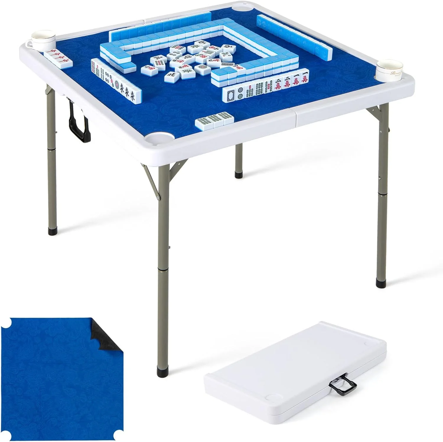 Goplus Mahjong Table, 35" Square Folding Card Table w/4Cup Holders, Anti Slip Mat, HDPE Tabletop w/Removable Mat - Image 14