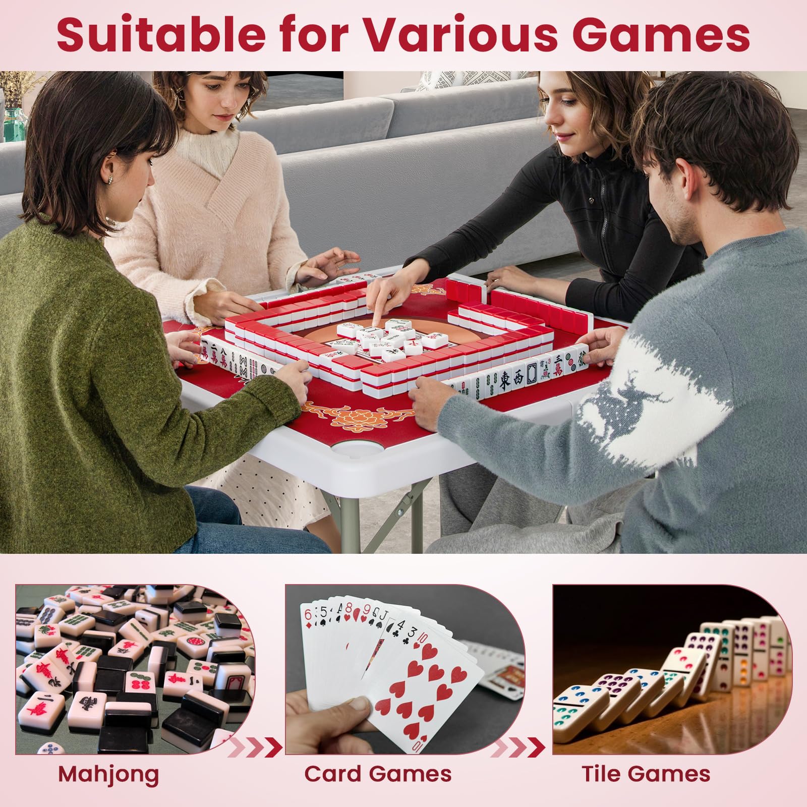 Goplus Mahjong Table, 35" Square Folding Card Table w/4Cup Holders, Anti Slip Mat, HDPE Tabletop w/Removable Mat - Image 2