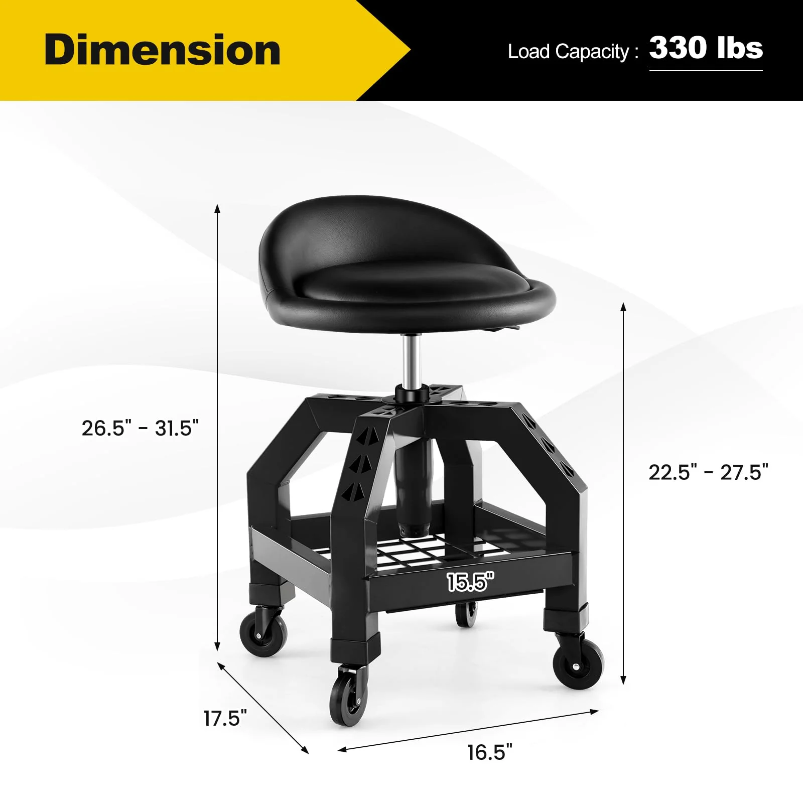 Goplus Mechanic Stool with Wheels, Adjustable Height Swivel Shop Stool Roller Seat with Tool Tray - Image 3