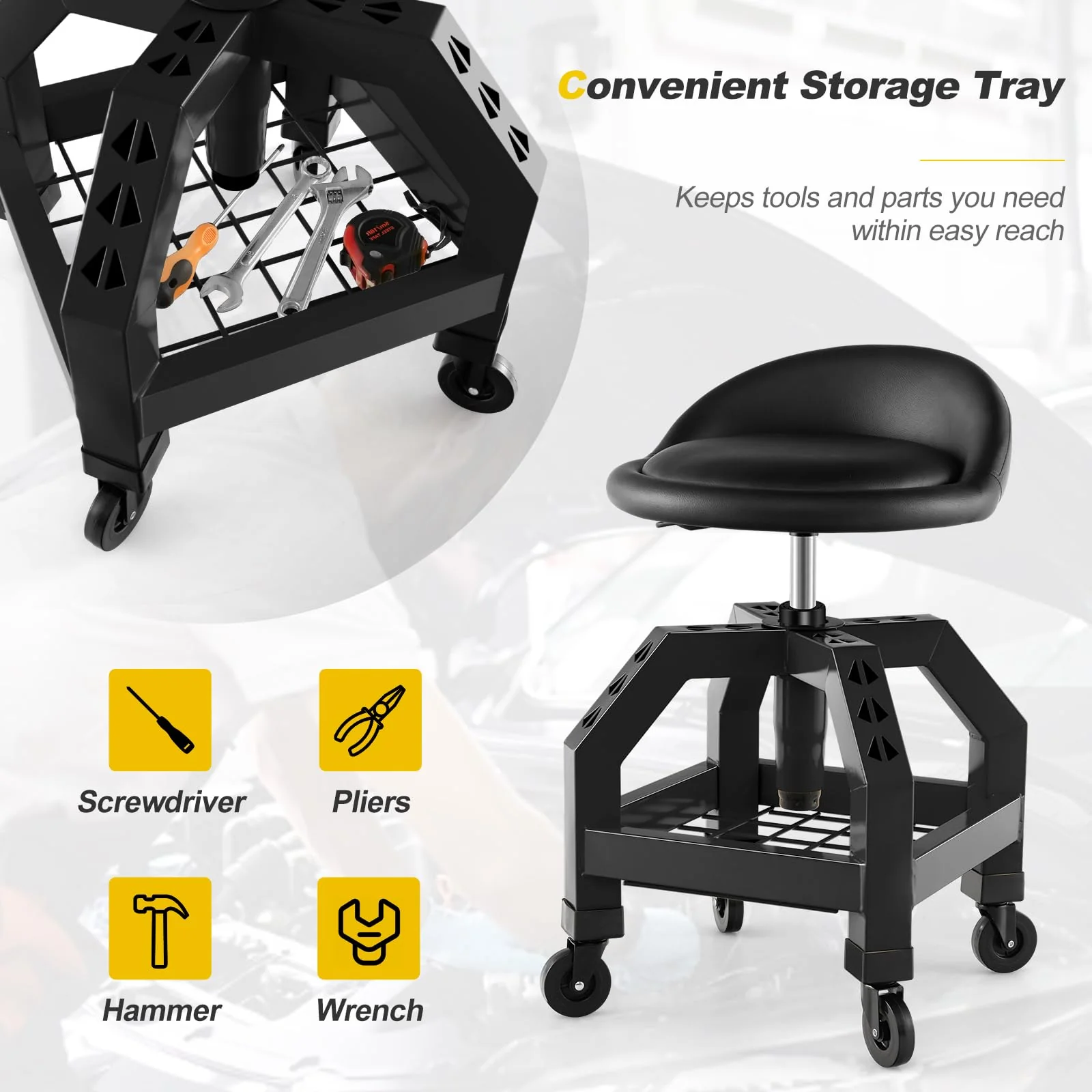 Goplus Mechanic Stool with Wheels, Adjustable Height Swivel Shop Stool Roller Seat with Tool Tray - Image 7