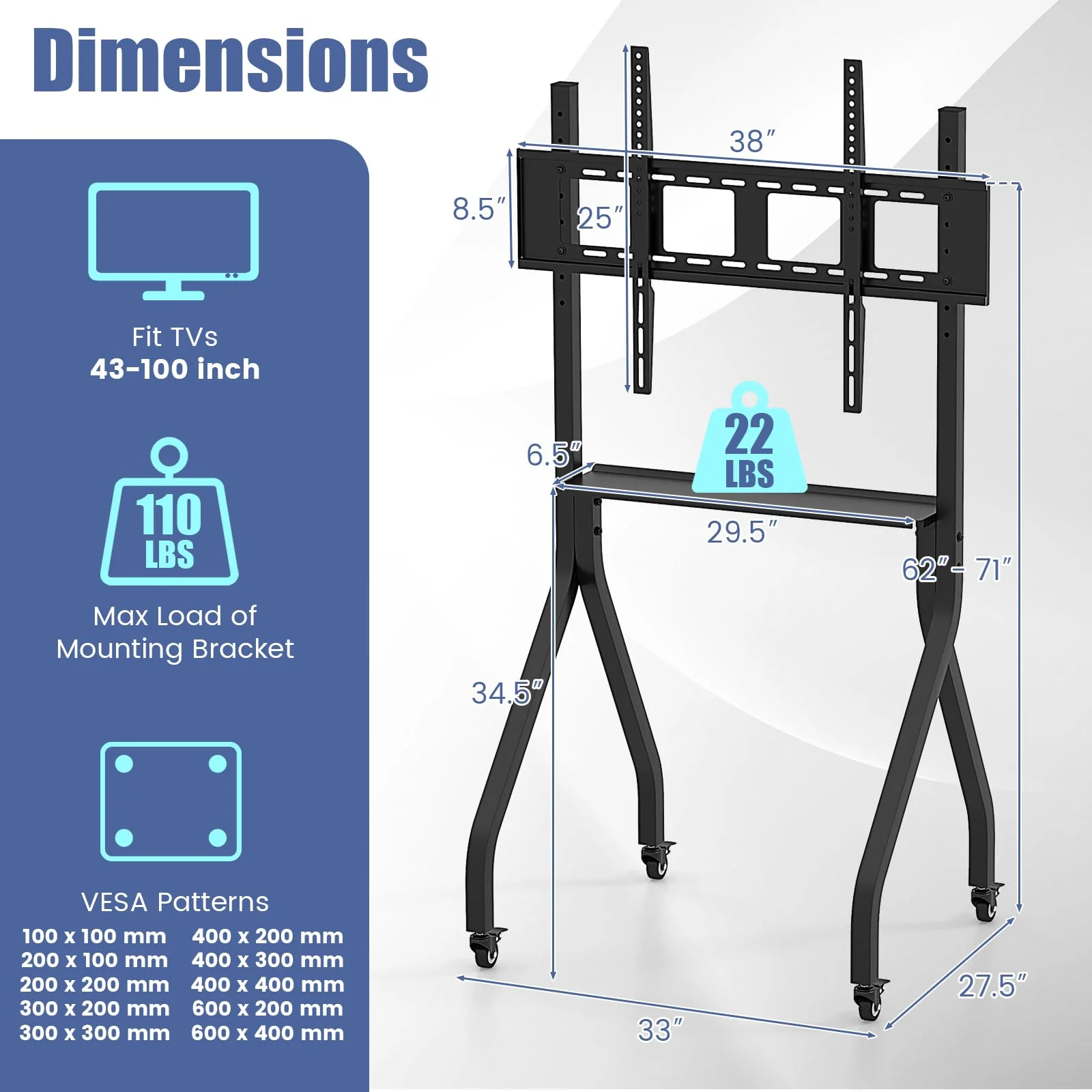 Goplus Mobile TV Stand, Rolling TV Cart for 43”-100” Flat/Curved Screens up to 110 lbs, Max VESA 600 X 400 mm, Black - Image 7