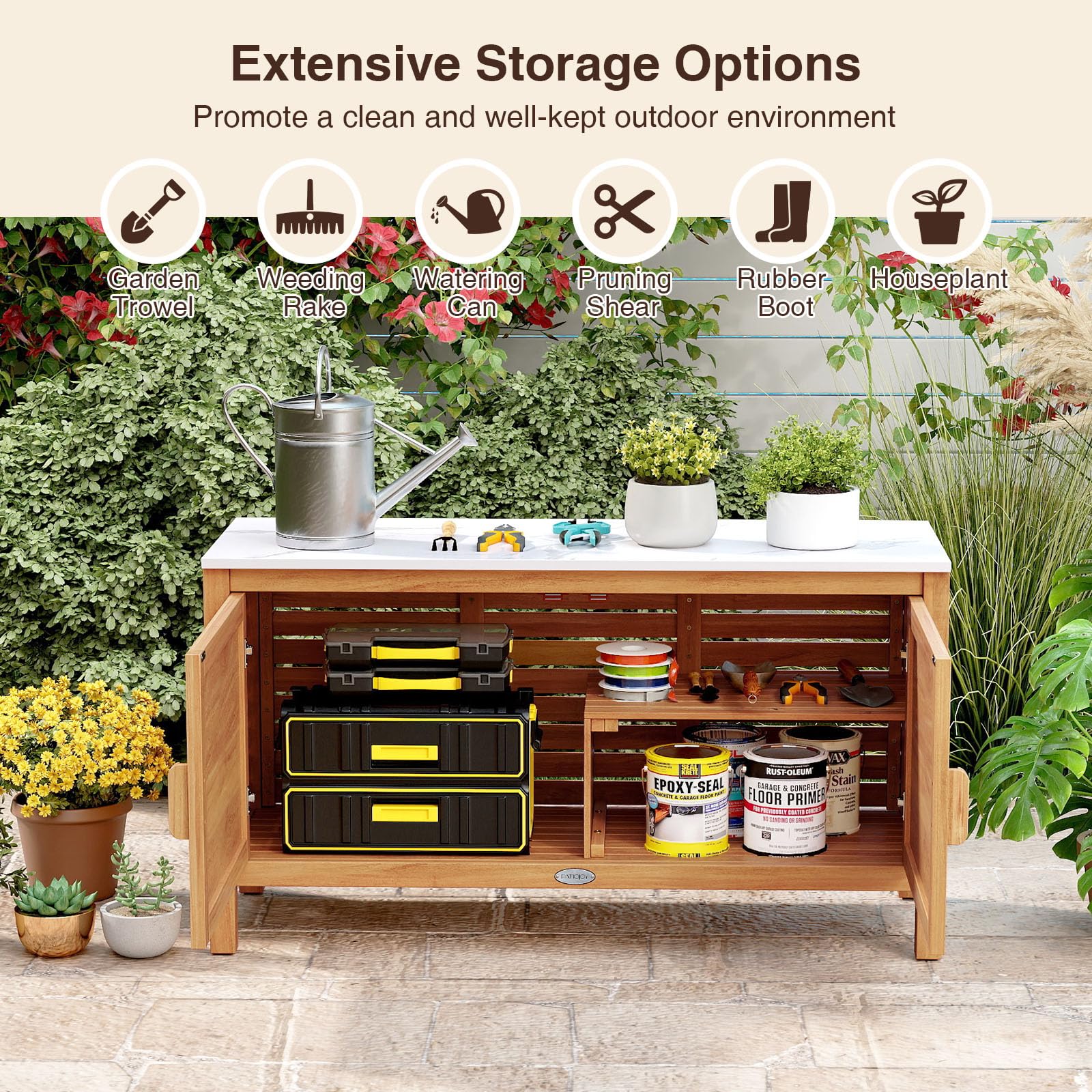 Goplus Outdoor Acacia Wood Storage Cabinet Outside Tool Cabinet with Fax Marble Top - Image 3