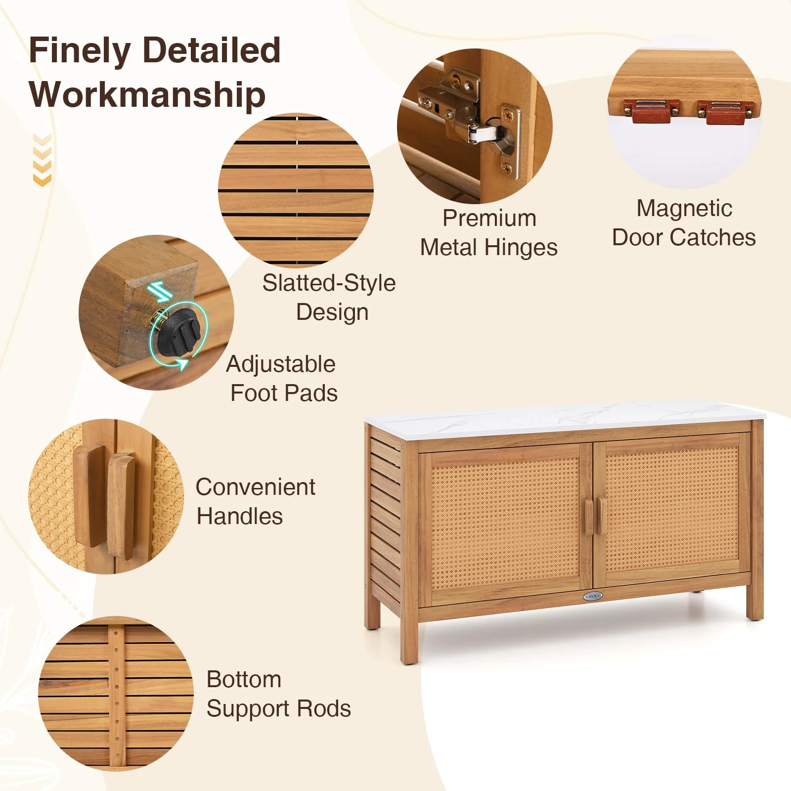 Goplus Outdoor Acacia Wood Storage Cabinet Outside Tool Cabinet with Fax Marble Top - Image 5