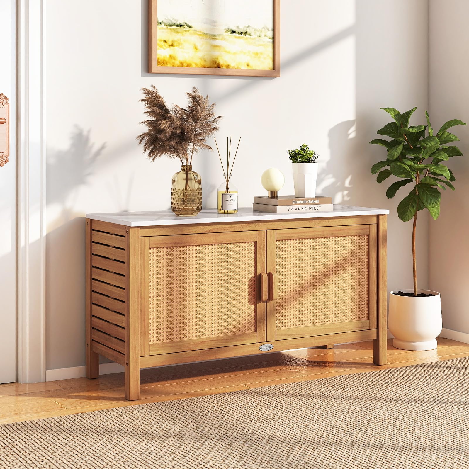 Goplus Outdoor Acacia Wood Storage Cabinet Outside Tool Cabinet with Fax Marble Top - Image 8