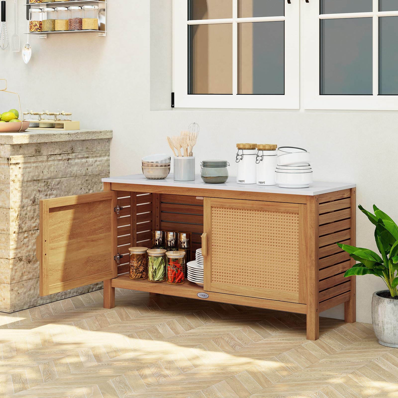 Goplus Outdoor Acacia Wood Storage Cabinet Outside Tool Cabinet with Fax Marble Top - Image 9