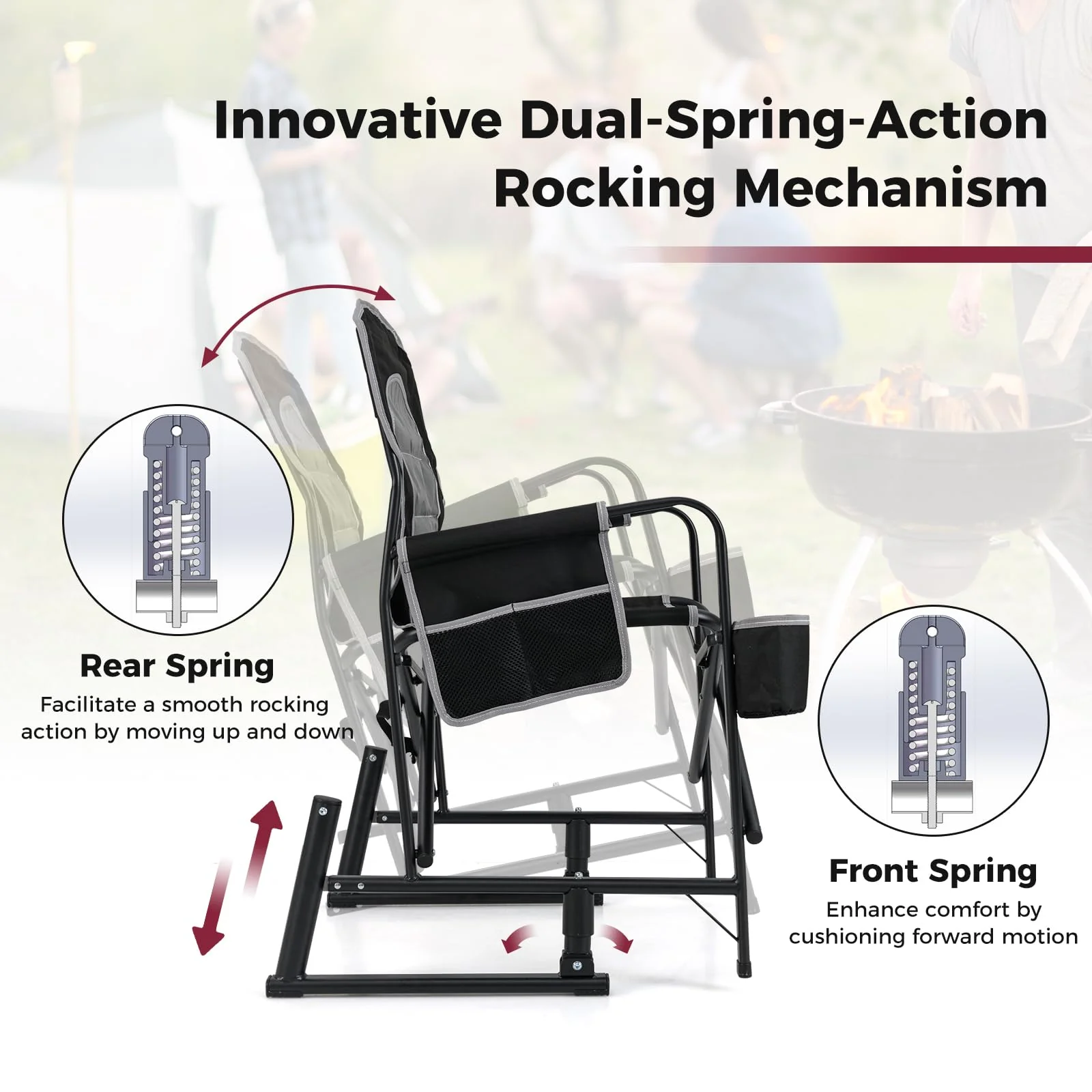 Goplus Outdoor Rocker Camping Chairs for Adults, Portable Folding Chair w/Dual Springs, Padded Back - Image 4