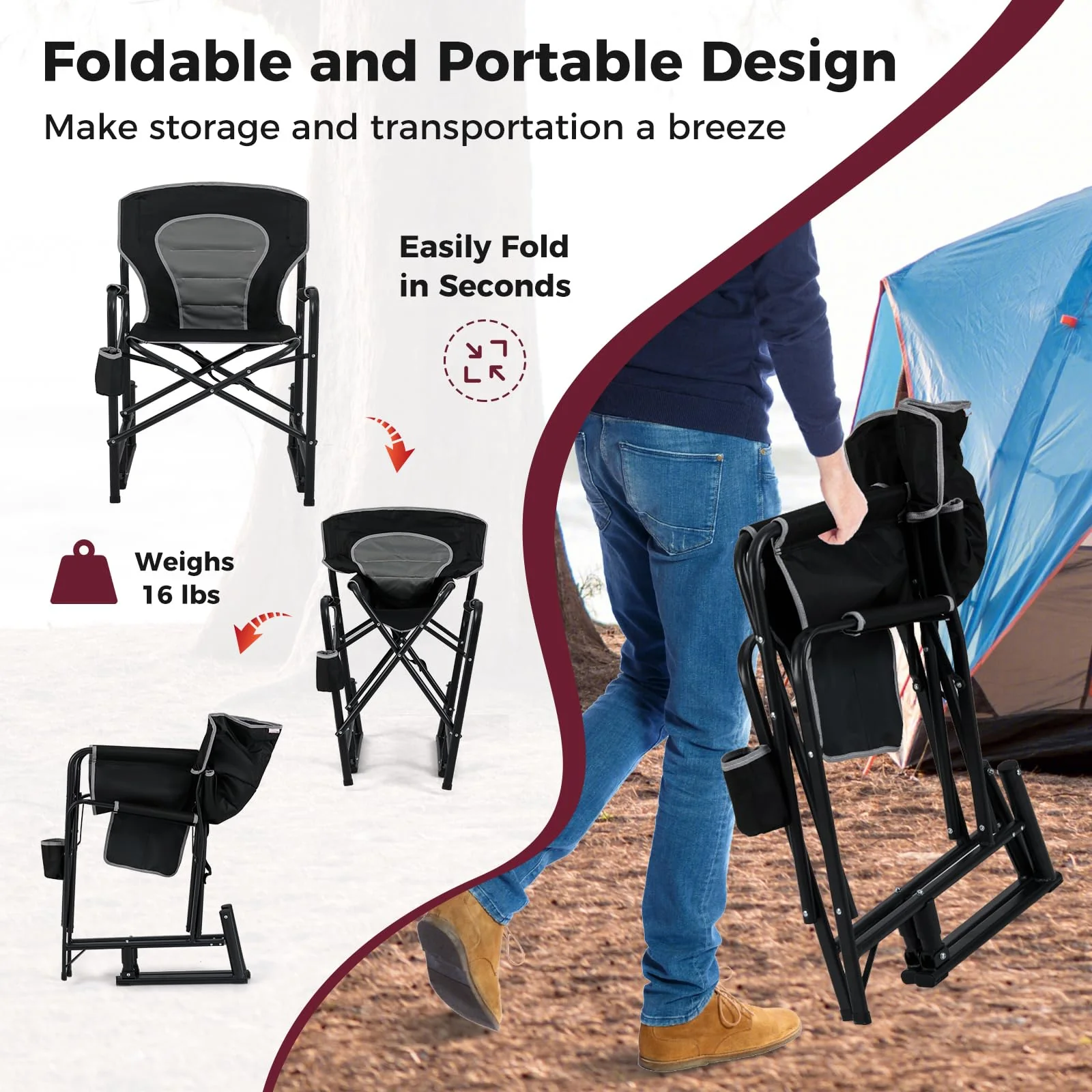 Goplus Outdoor Rocker Camping Chairs for Adults, Portable Folding Chair w/Dual Springs, Padded Back - Image 7