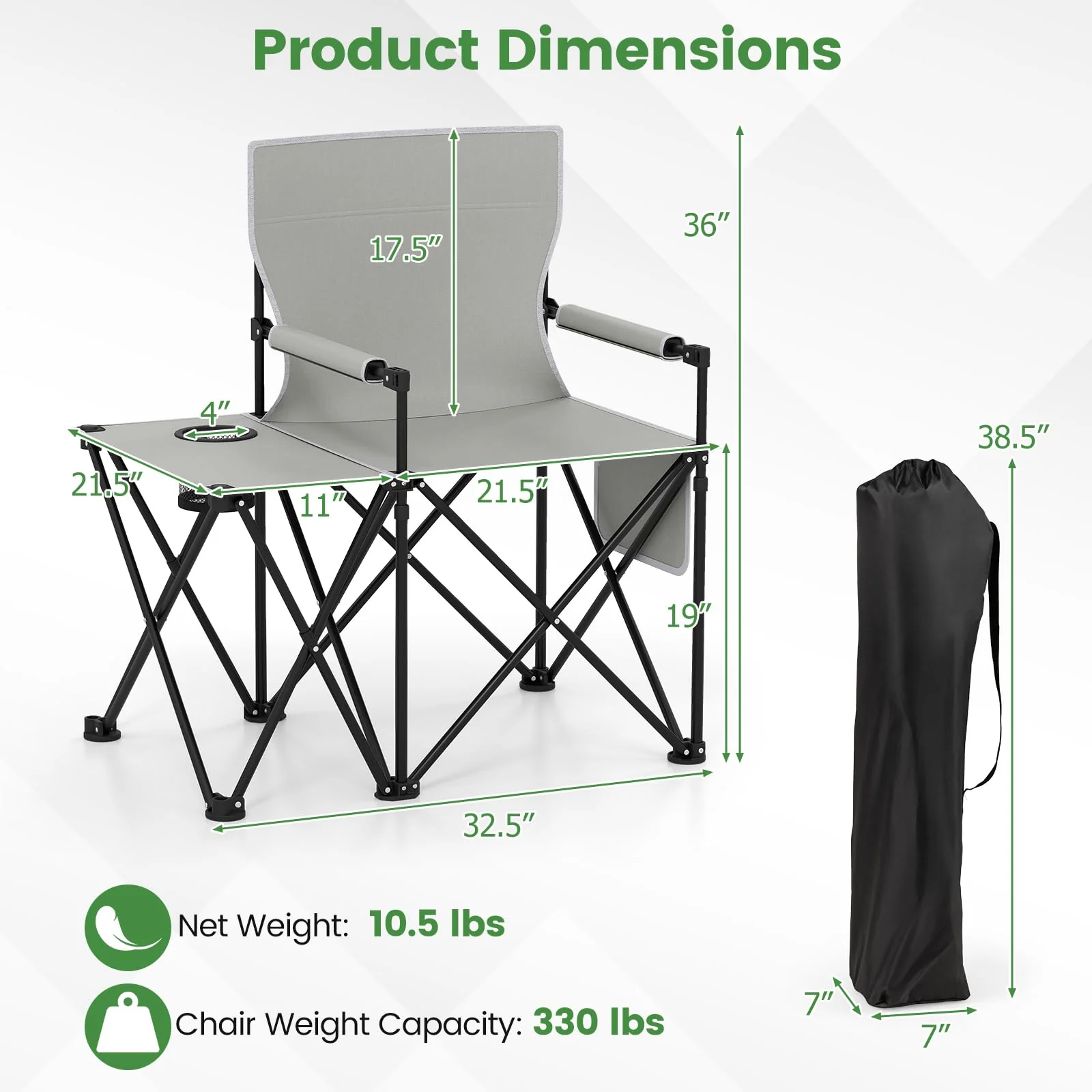 Goplus Oversized Camping Chair with Side Table, Folding Heavy-Duty Picnic Chair w/ 2 Storage Pockets - Image 4
