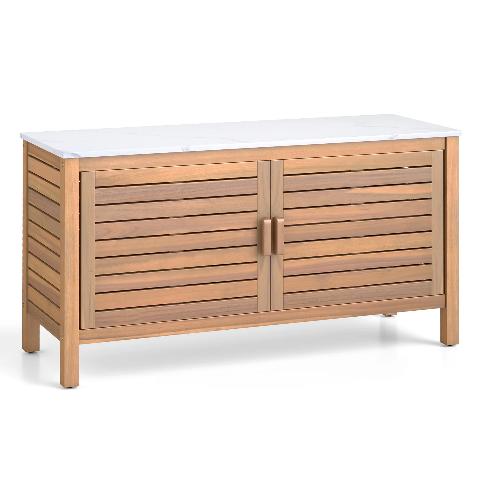 Goplus Patio 2-Door Acacia Wood Storage Container with Faux Marble Top