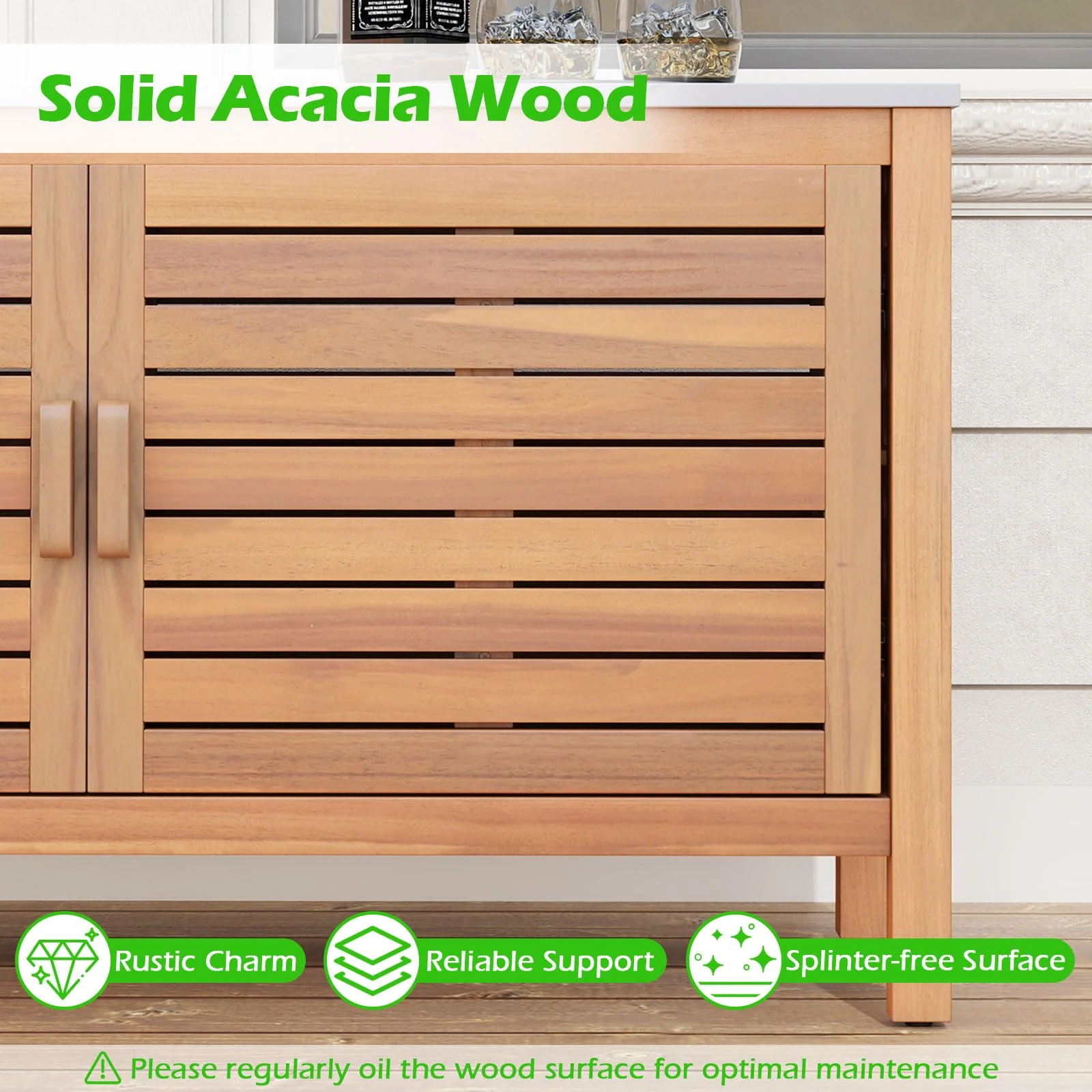 Goplus Patio 2-Door Acacia Wood Storage Container with Faux Marble Top - Image 7