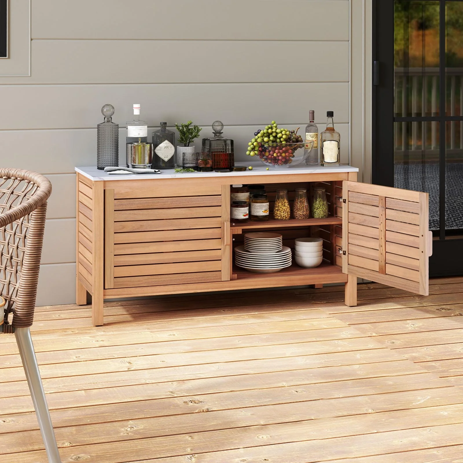 Goplus Patio 2-Door Acacia Wood Storage Container with Faux Marble Top - Image 8