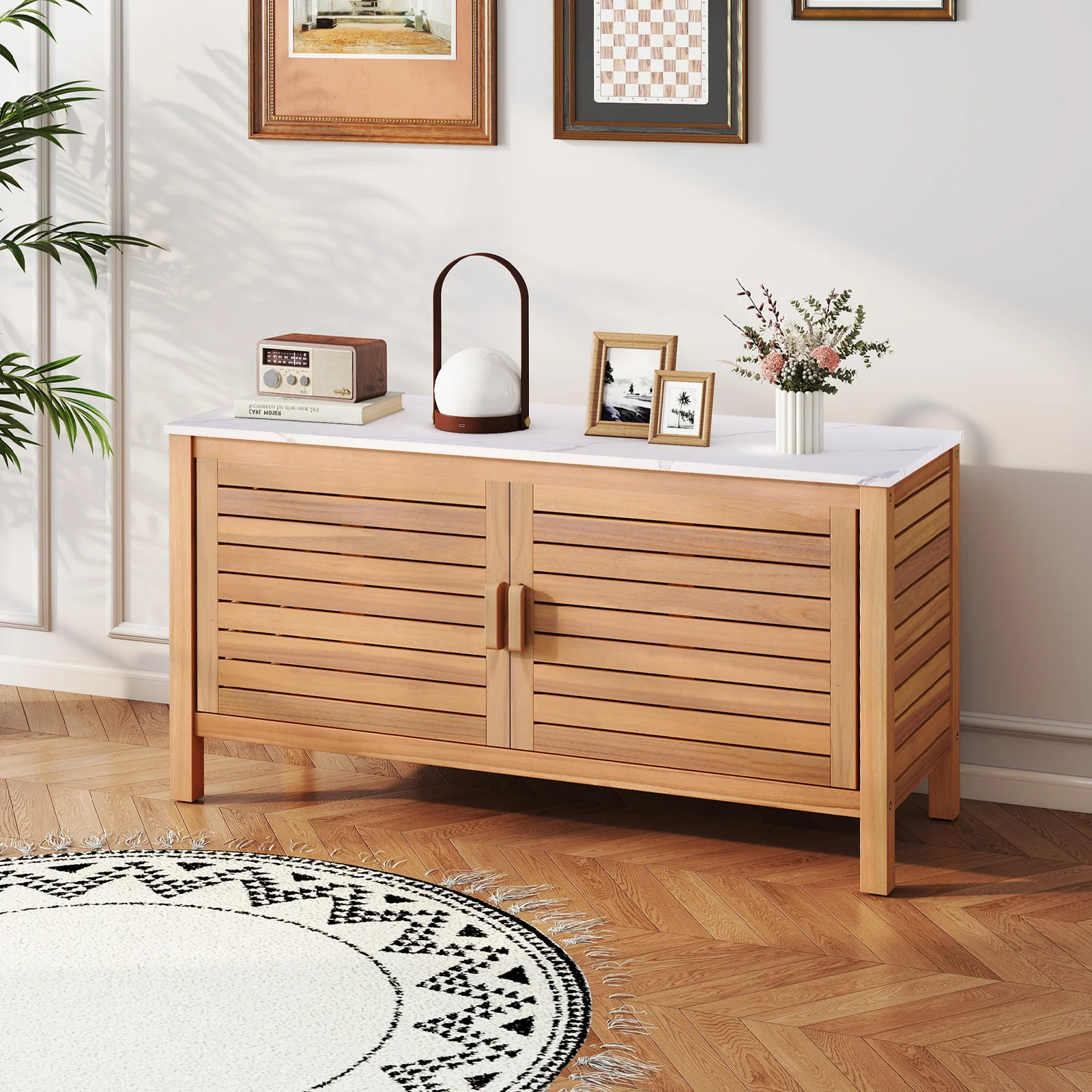 Goplus Patio 2-Door Acacia Wood Storage Container with Faux Marble Top - Image 9