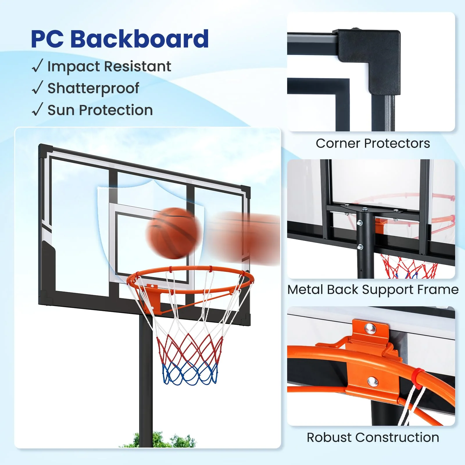 Goplus Portable 3.3-10FT Adjustable Basketball Goal System w/Shatterproof PC Backboard - Image 3