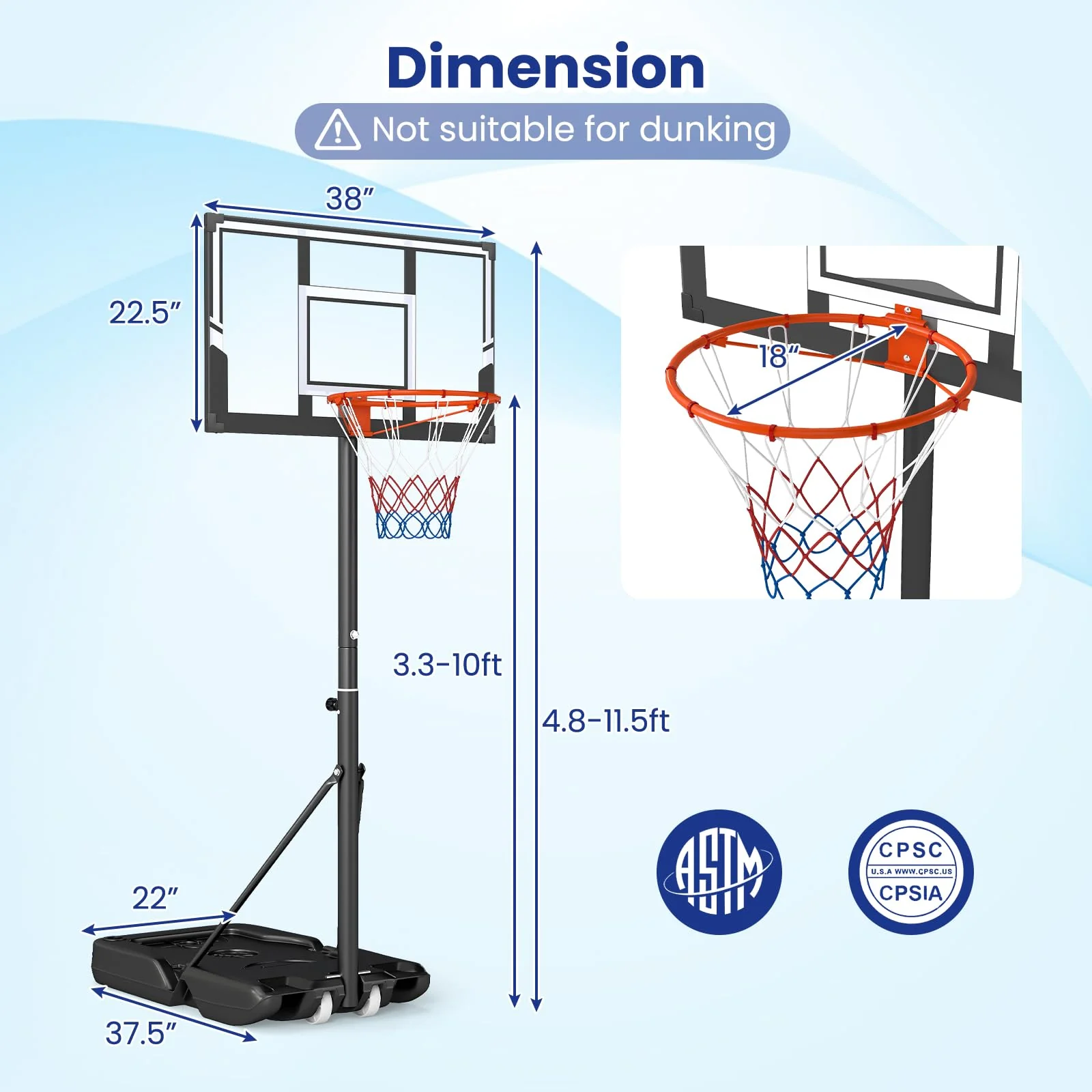 Goplus Portable 3.3-10FT Adjustable Basketball Goal System w/Shatterproof PC Backboard - Image 6