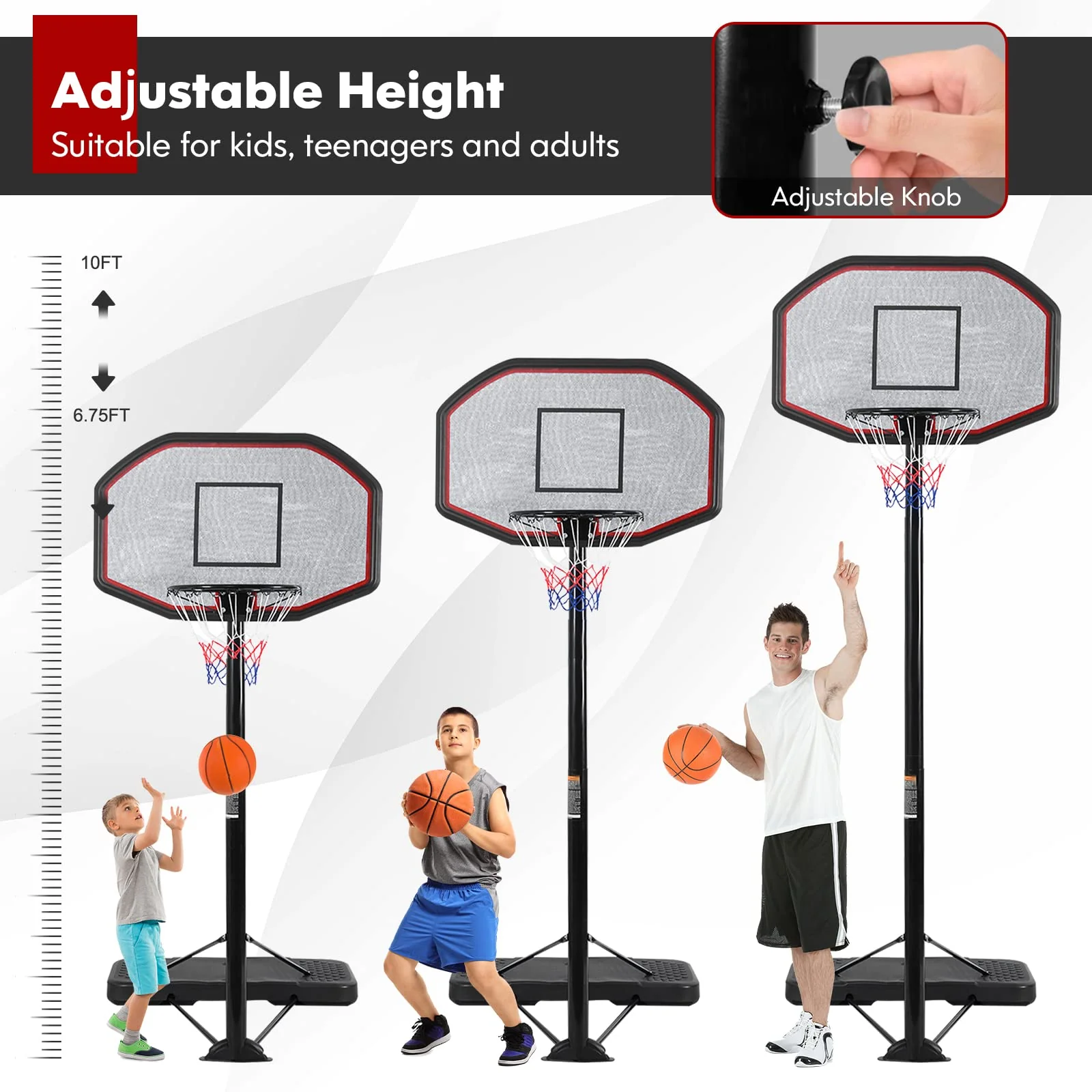 Goplus Portable Basketball Hoop Outdoor, 6.5FT- 10FT Height Adjustable Basketball Stand with Wheels - Image 3