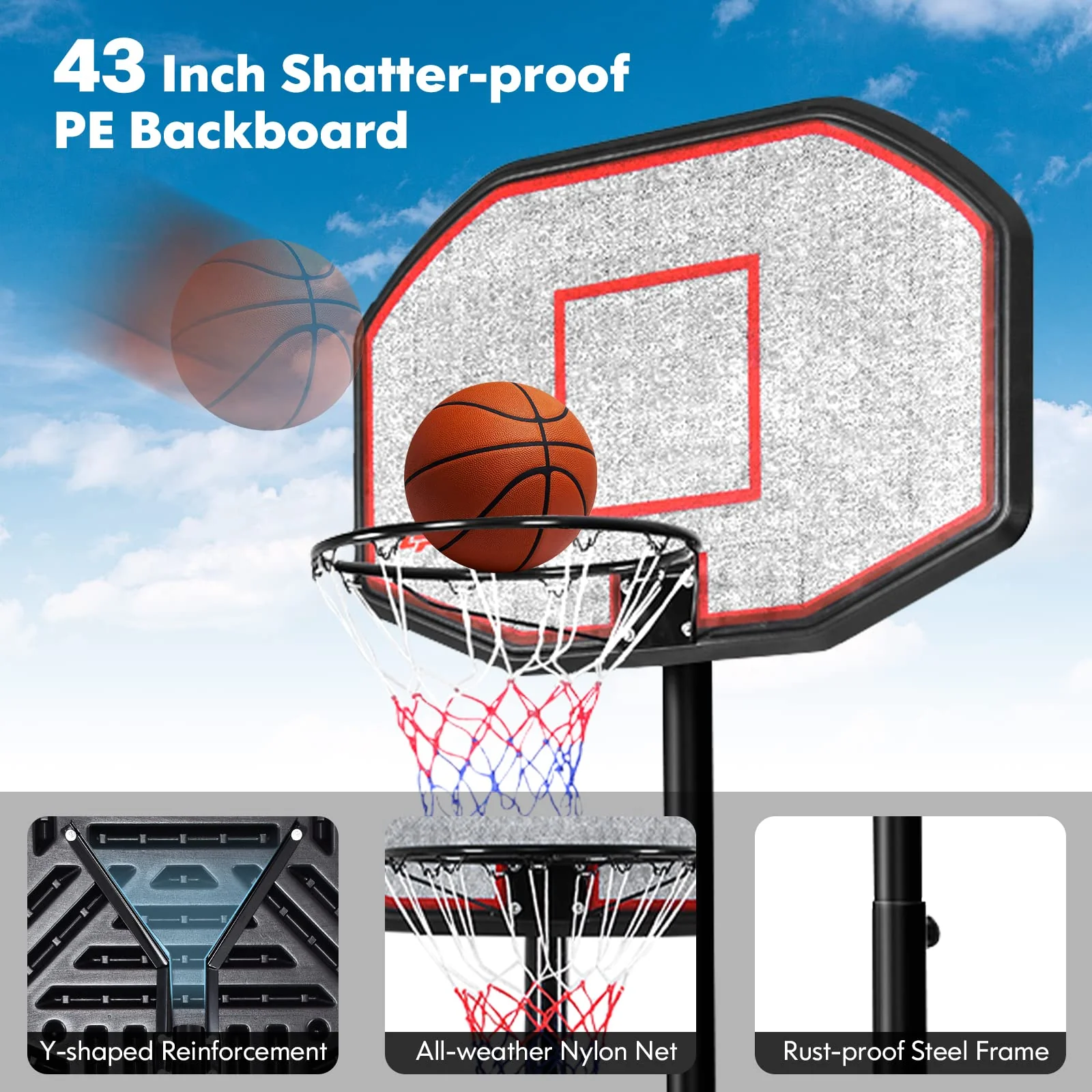 Goplus Portable Basketball Hoop Outdoor, 6.5FT- 10FT Height Adjustable Basketball Stand with Wheels - Image 6