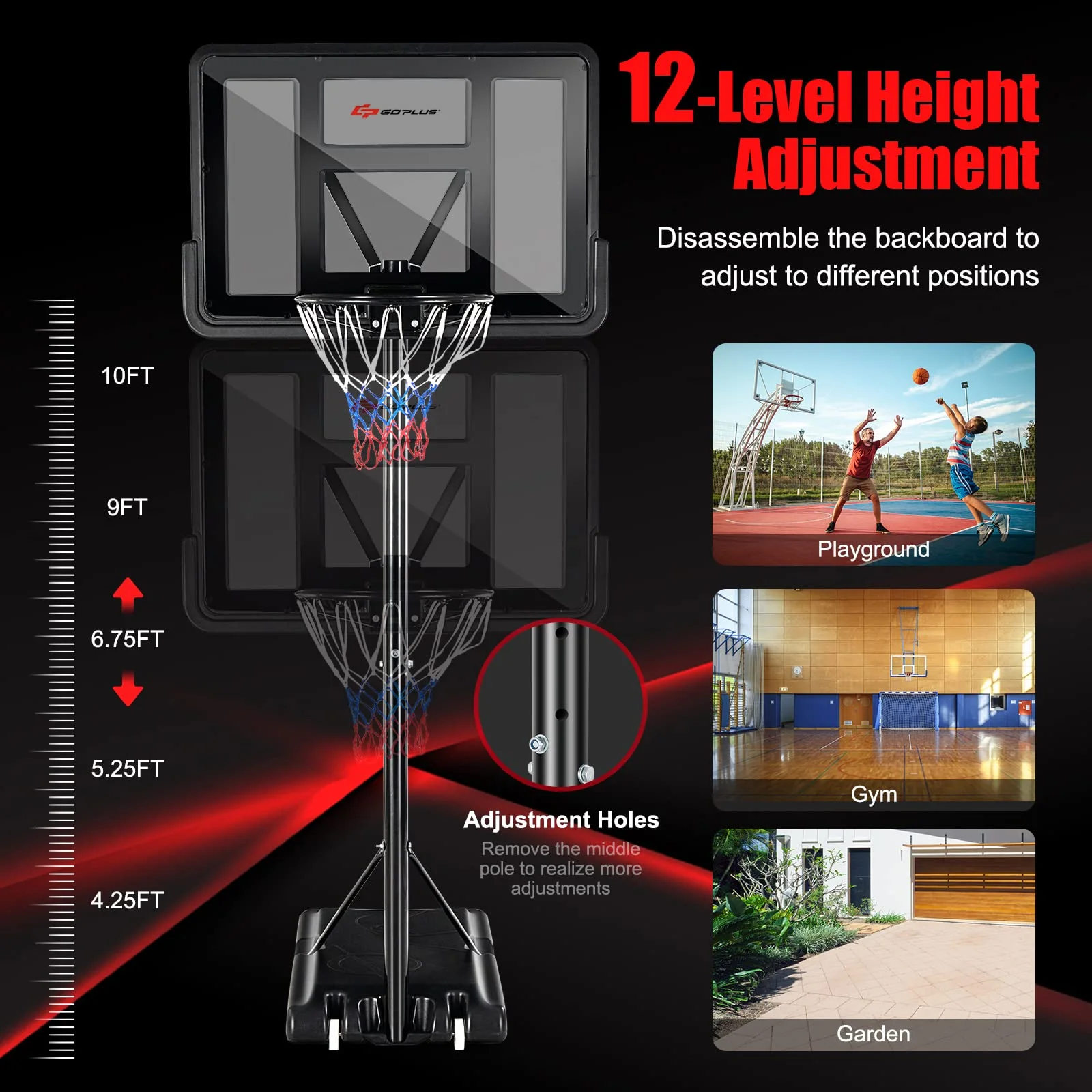 Goplus Portable Basketball Hoop Outdoor, 4.5FT-10FT Height Adjustable Basketball Goal System - Image 3