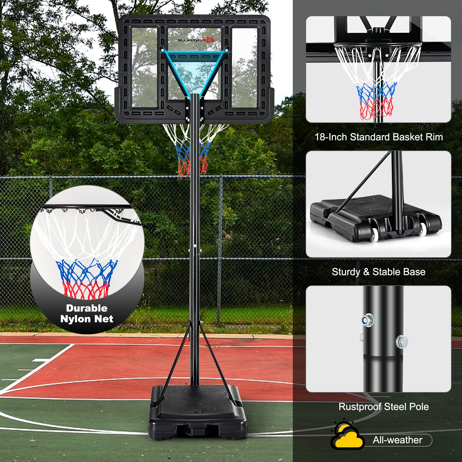 Goplus Portable Basketball Hoop Outdoor, 4.5FT-10FT Height Adjustable Basketball Goal System - Image 6