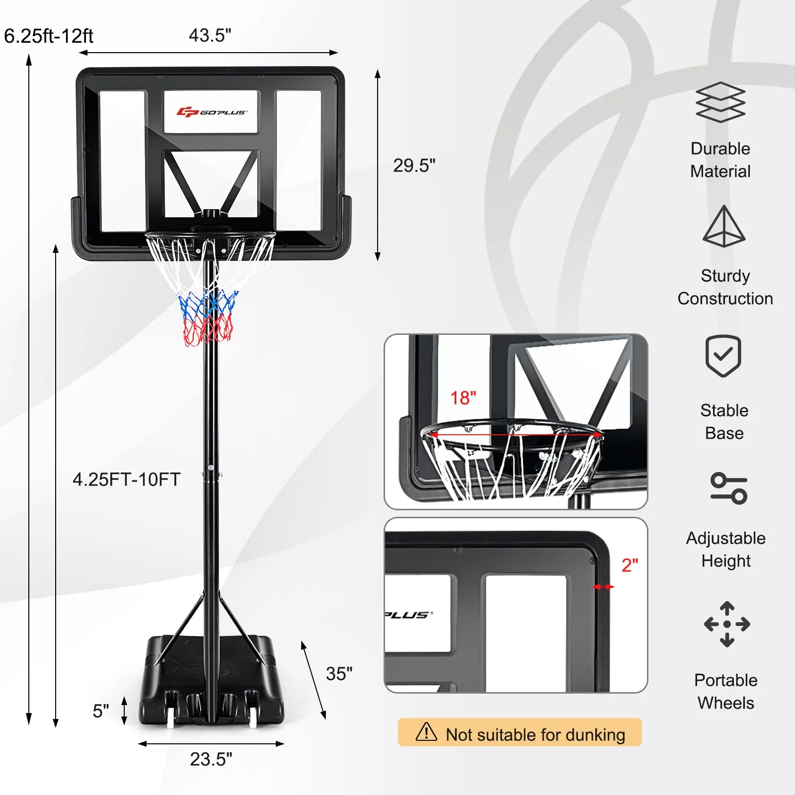 Goplus Portable Basketball Hoop Outdoor, 4.5FT-10FT Height Adjustable Basketball Goal System - Image 7