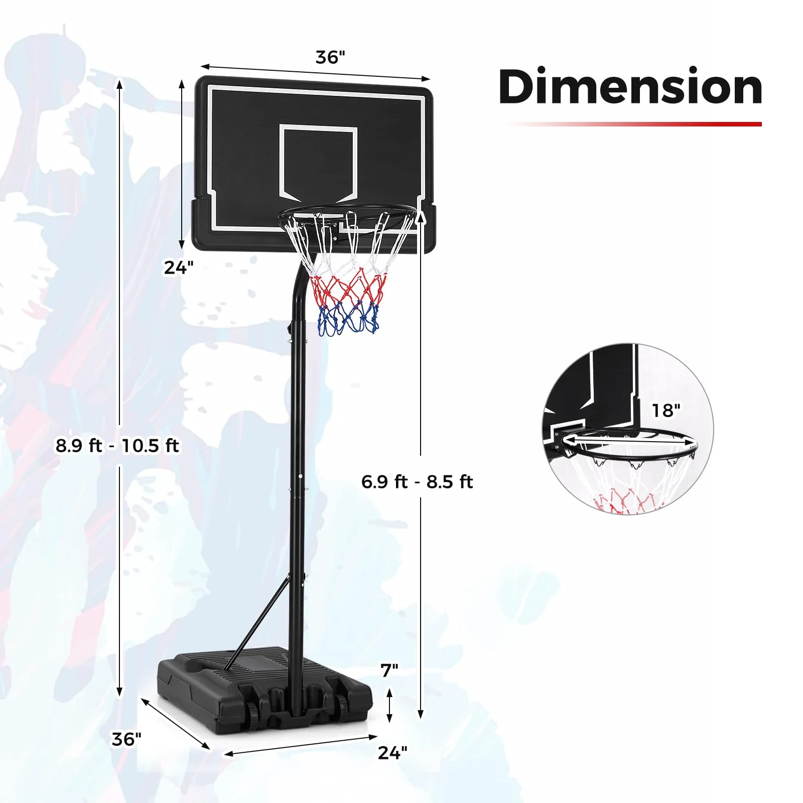 Goplus Portable Outdoor Basketball Hoop, 6.9-8.5 FT Adjustable Basketball Goal System w/Fillable Base - Image 7