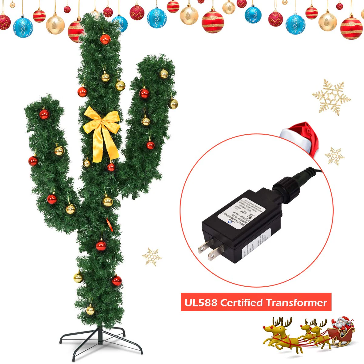 Goplus Pre-Lit Artificial Cactus Christmas Tree with LED Lights and Ball Ornaments - Image 5