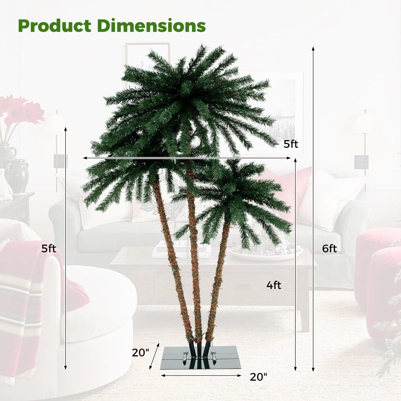 Goplus Pre-Lit Artificial Christmas Tree, 4/5/6 FT Triple Coconut Plam Trees with Metal Base - Image 8