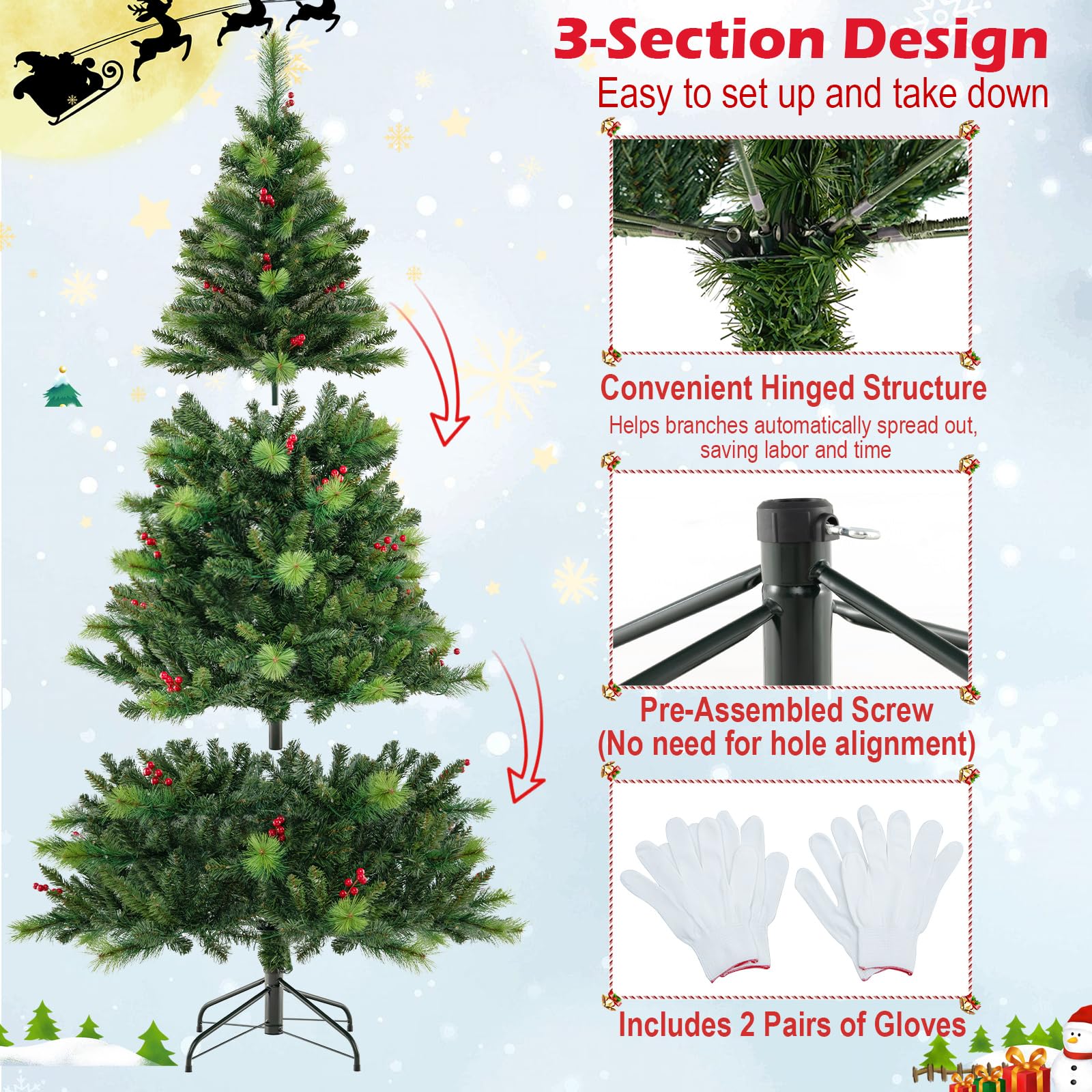 Goplus Pre-Lit Artificial Christmas Tree, Hinged Xmas Tree with 670 PVC & Pine Needles Branch Tips - Image 6